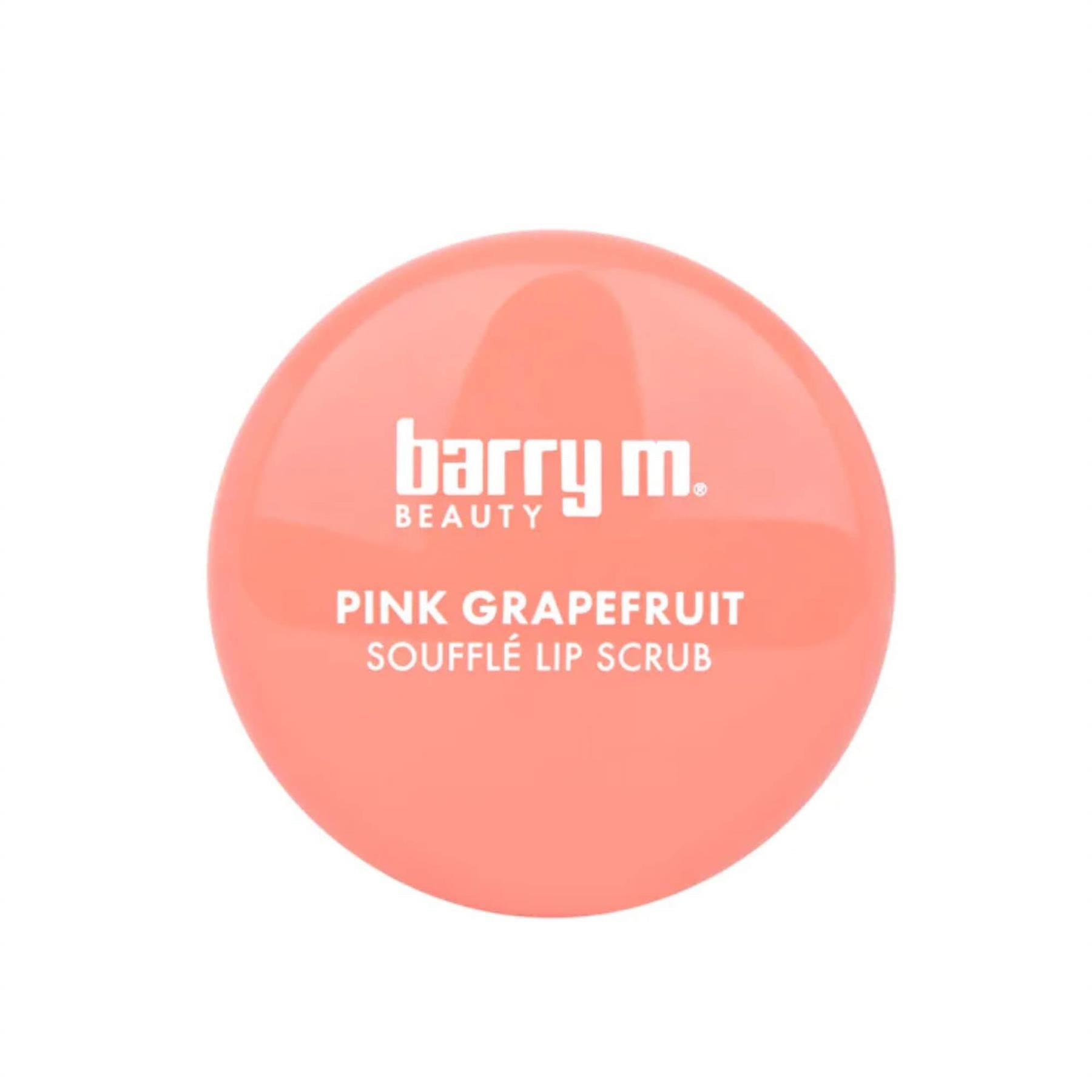 Top-down view of the coral pink lid for Barry M Pink Grapefruit Soufflé Lip Scrub with white brand lettering