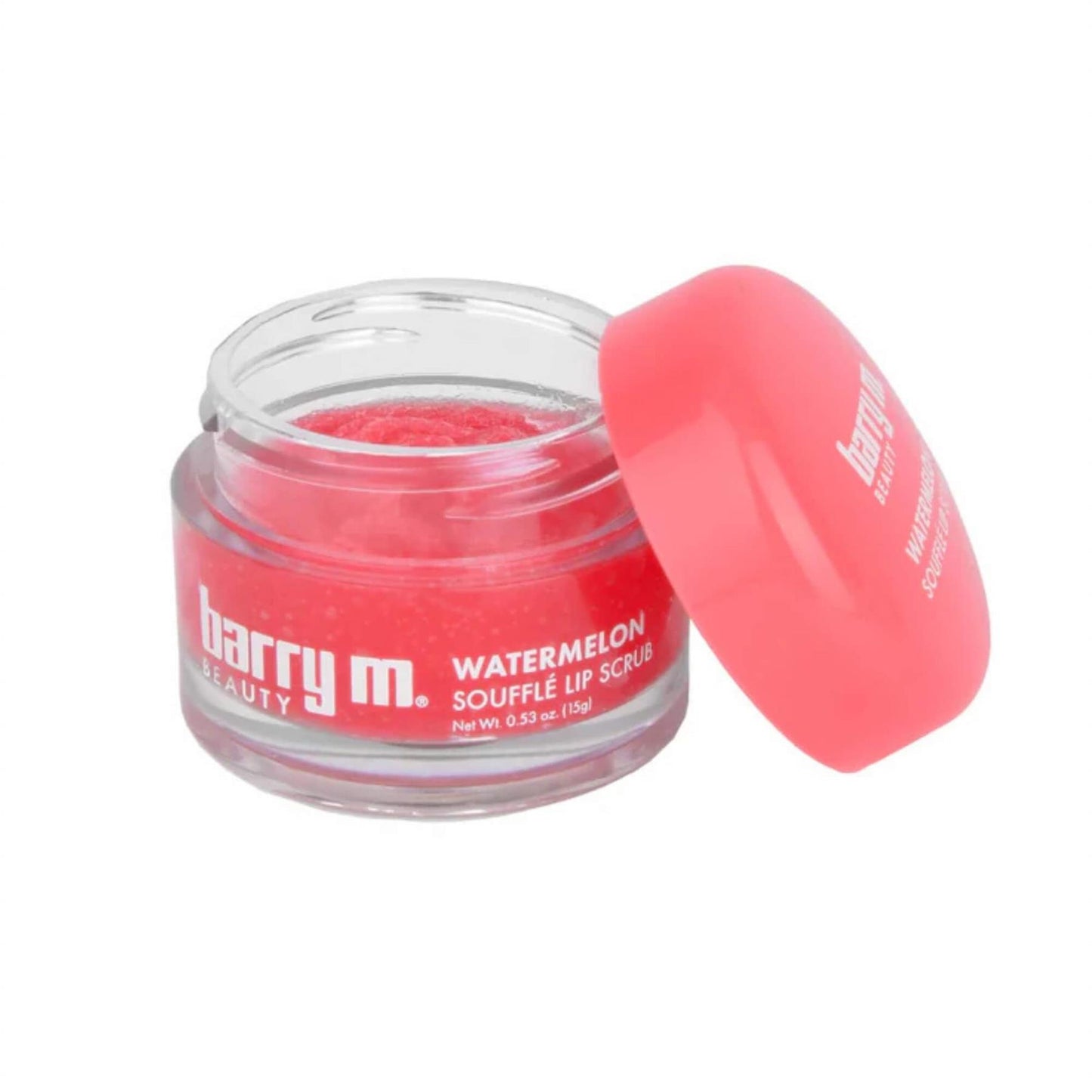 Barry M Watermelon Soufflé Lip Scrub 15g in a clear glass jar with a vibrant pink lid showing the grainy red sugar scrub texture