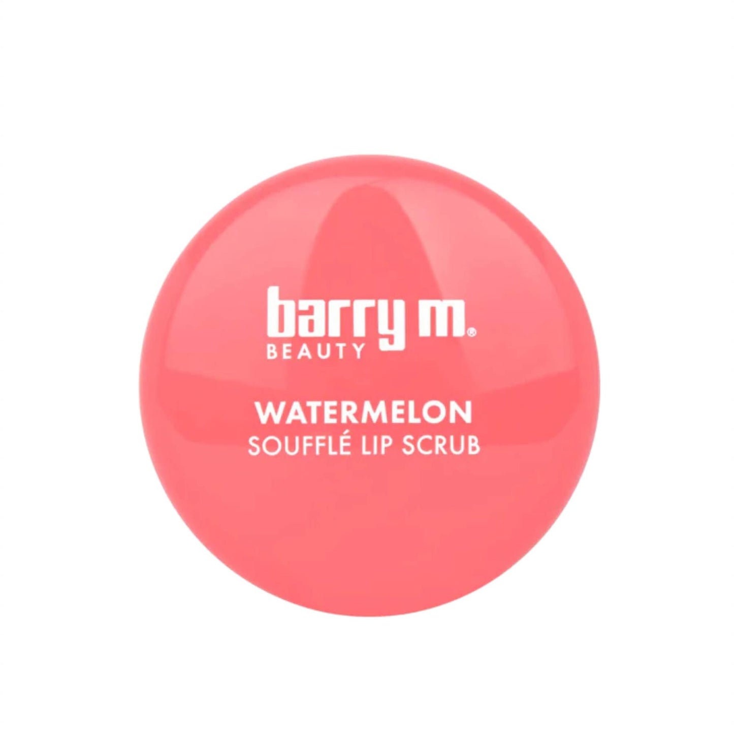 Top-down view of the vibrant pink lid for Barry M Watermelon Soufflé Lip Scrub with white brand lettering