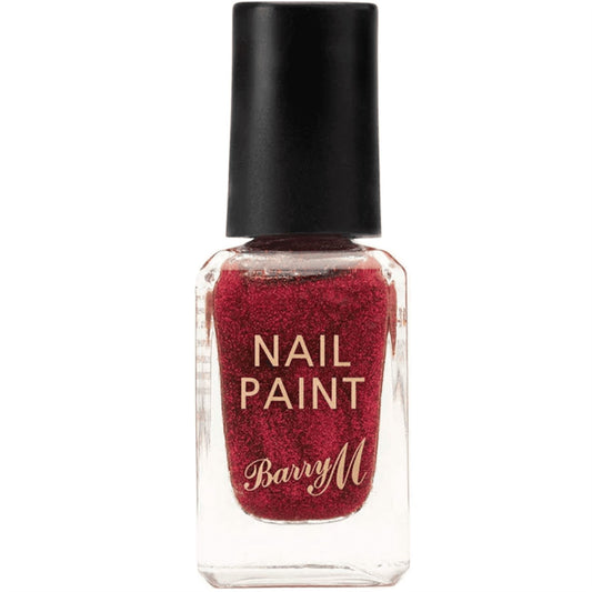 Barry M nail paint bottle with red glittery polish on a white background