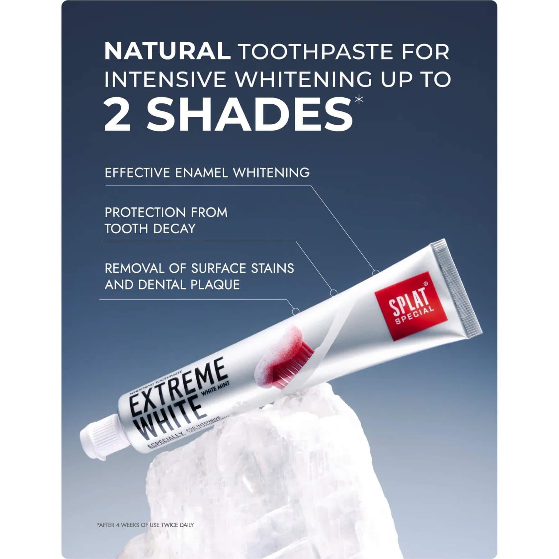 A tube of Splat Special Extreme White toothpaste shown diagonally on a white rock against a blue-to-white gradient background. The packaging features white and red colors with text highlighting enamel whitening and protection from tooth decay.