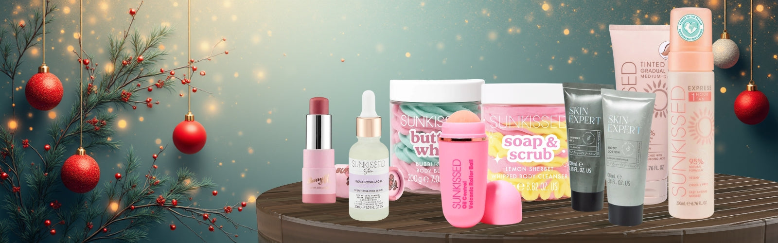 Cosmetic products on a wooden table with Christmas decorations in the background
