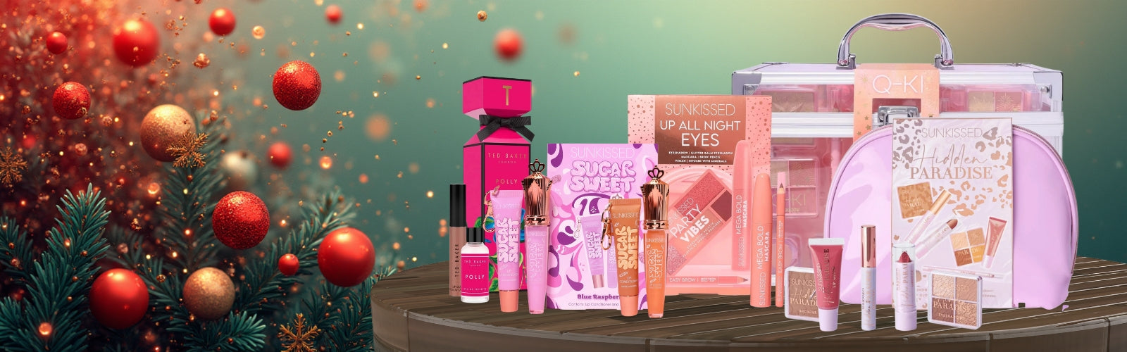 Cosmetic products on a wooden surface with a festive background featuring Christmas decorations.