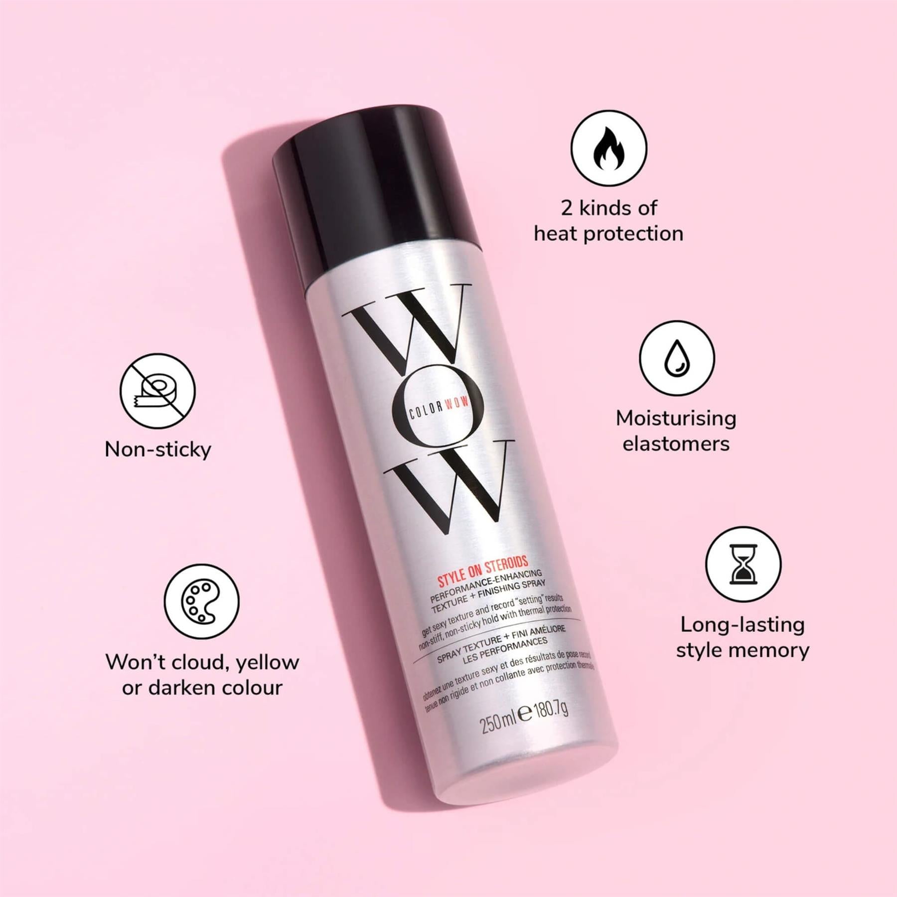 Color Wow Style on Steroids texture spray infographic showing heat protection non-sticky hold and moisturising elastomers