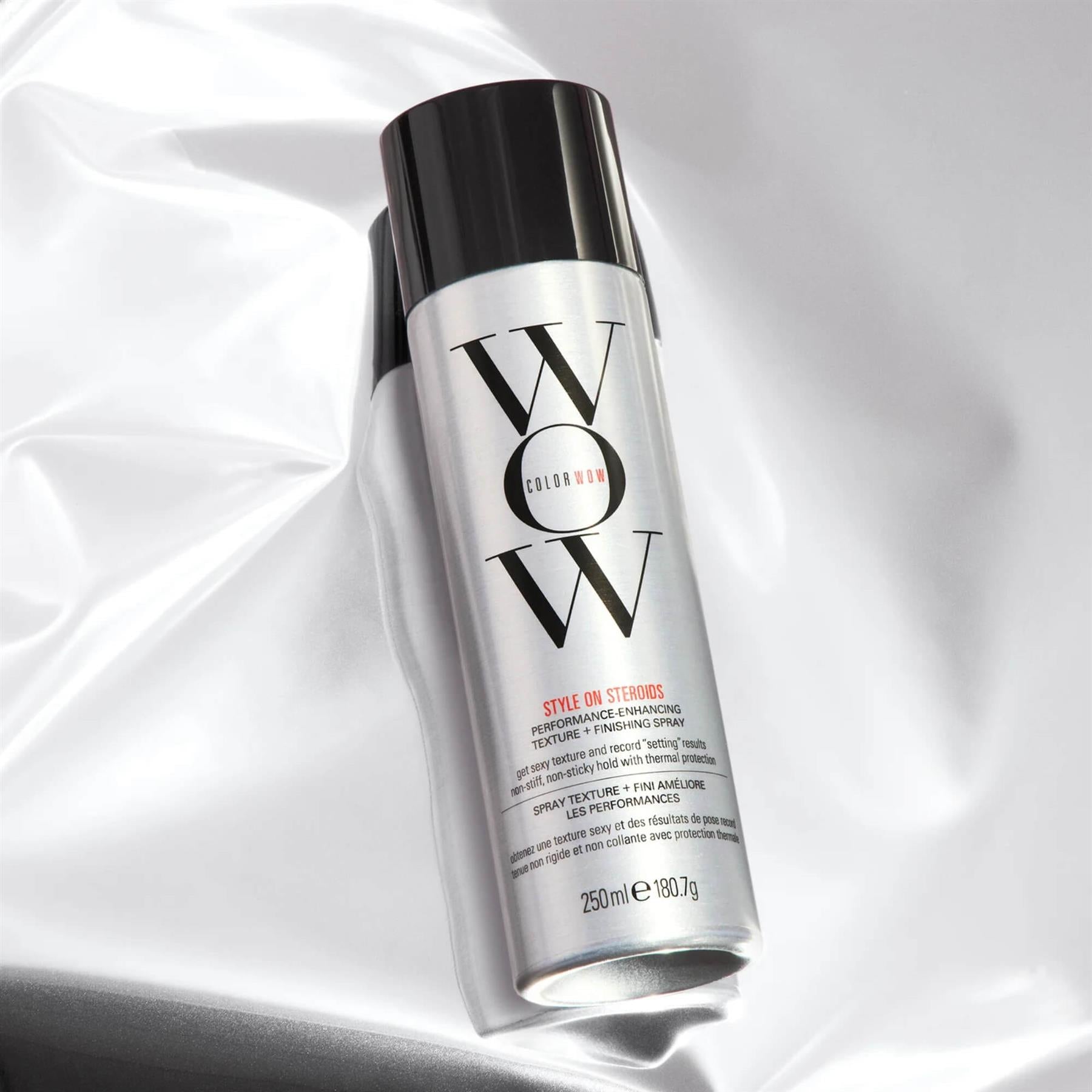 Color Wow Style on Steroids Performance Enhancing Texture and Finishing Spray with thermal protection on silk background