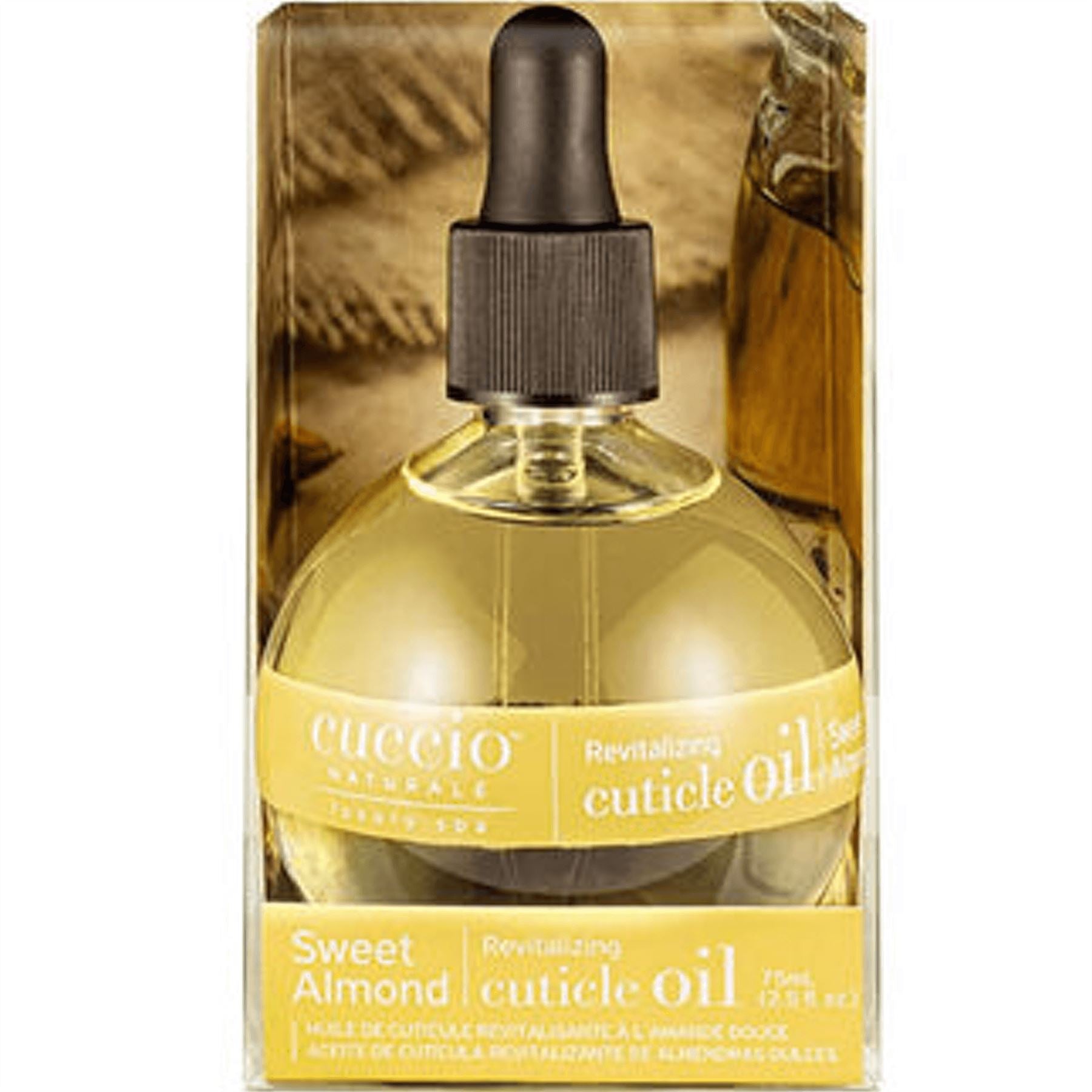 Retail packaging for Cuccio Naturale Revitalizing Cuticle Oil in Sweet Almond 75ml professional size bottle with dropper