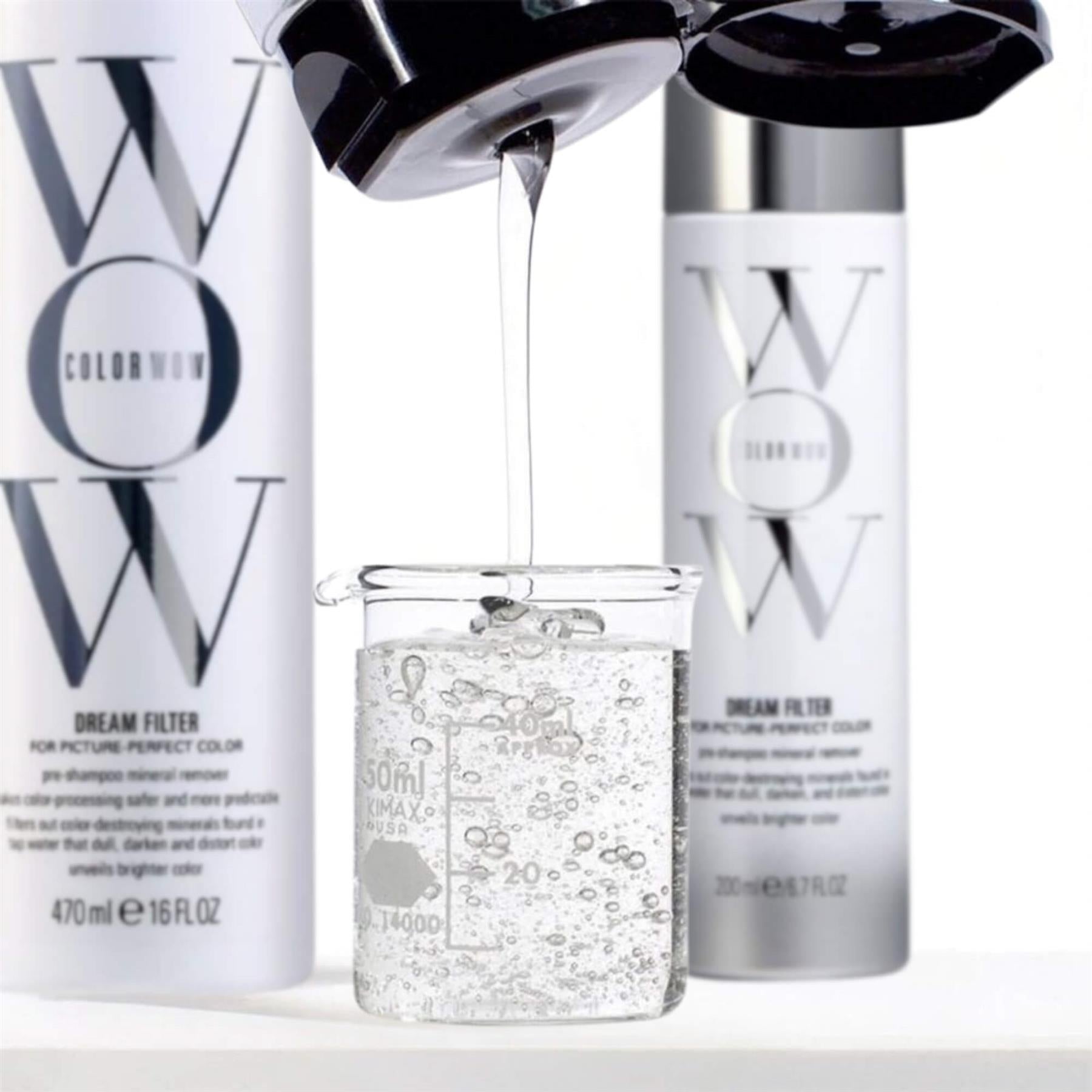Color Wow hair care products with a jar of liquid being poured.