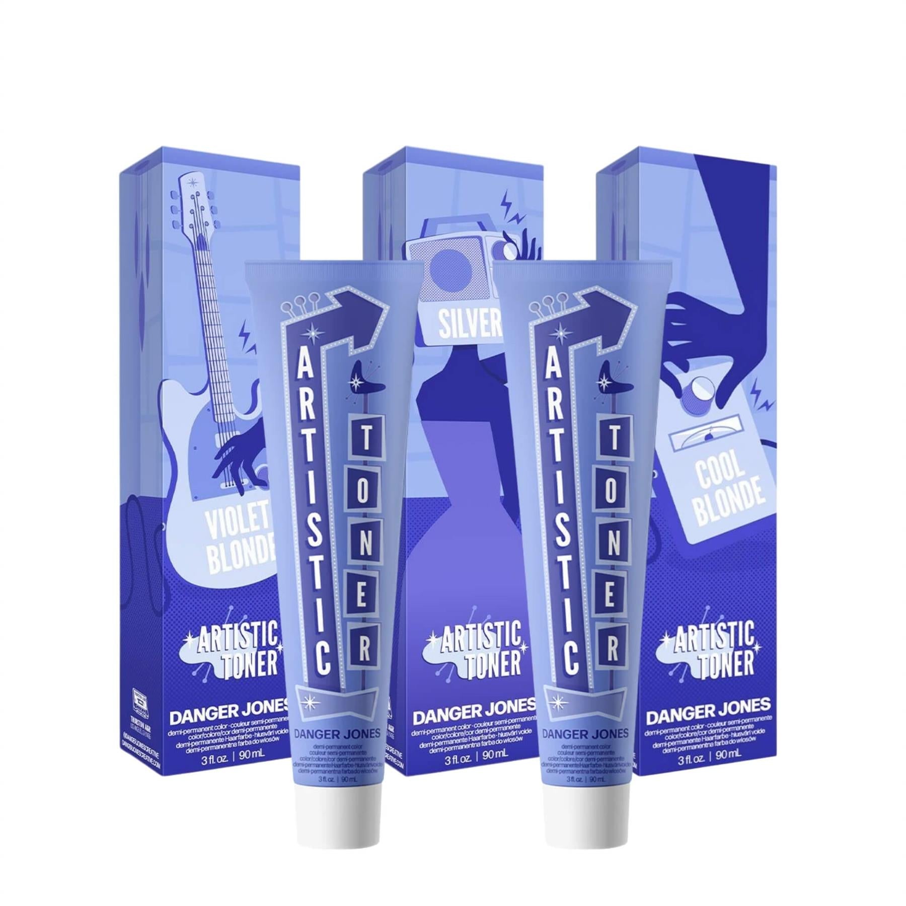 Danger Jones Artistic Toner 90ml semi-permanent hair toner range featuring Silver, Violet Blonde, and Cool Blonde shades
