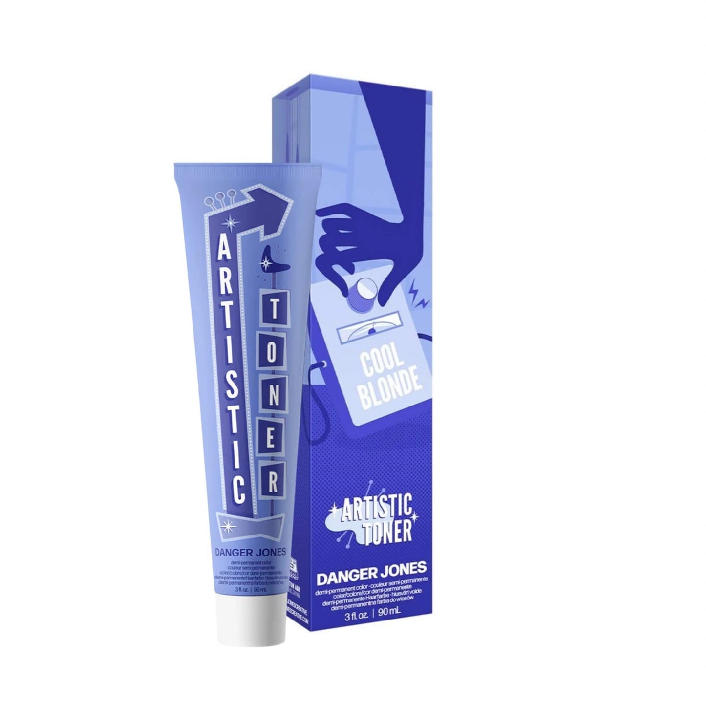 Danger Jones Artistic Toner Cool Blonde 90ml tube and box with progressive alkaline formula for professional neutralizing of yellow hair tones