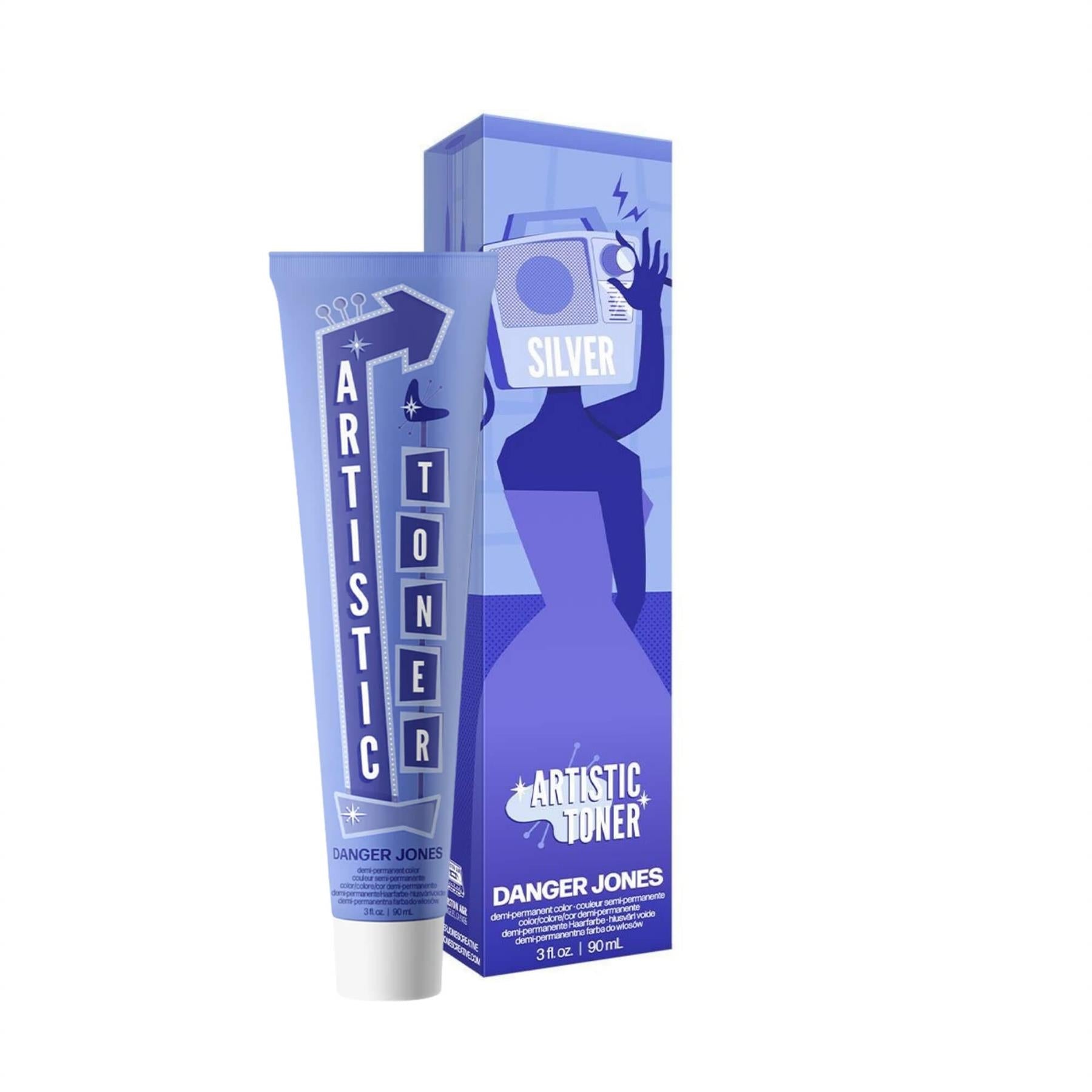Danger Jones Artistic Toner Silver 90ml tube and box with progressive alkaline formula for high-performance metallic hair toning