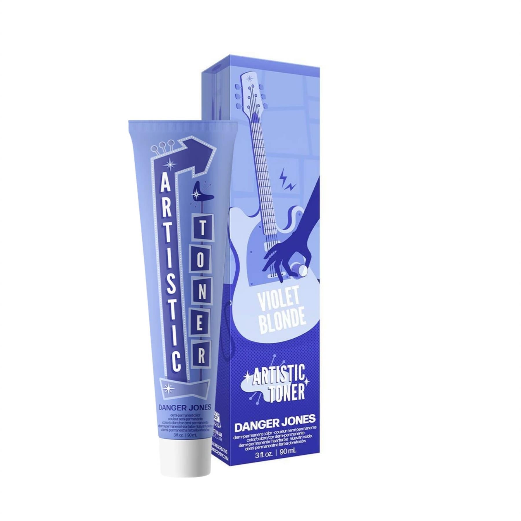 Danger Jones Artistic Toner Violet Blonde 90ml tube and box with progressive alkaline formula for professional hair toning