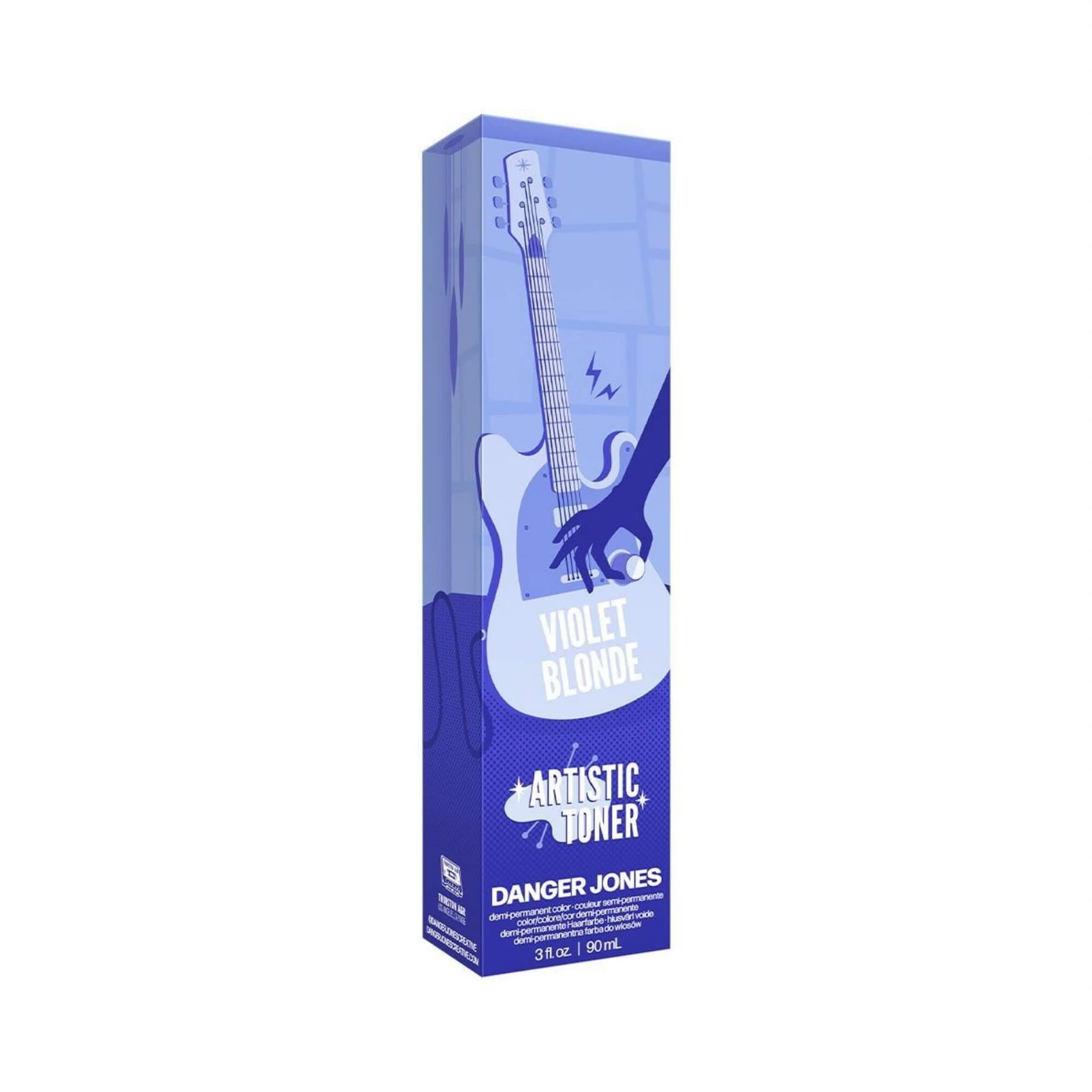 Danger Jones Artistic Toner Violet Blonde 90ml retail box featuring blue electric guitar art for professional hair toning
