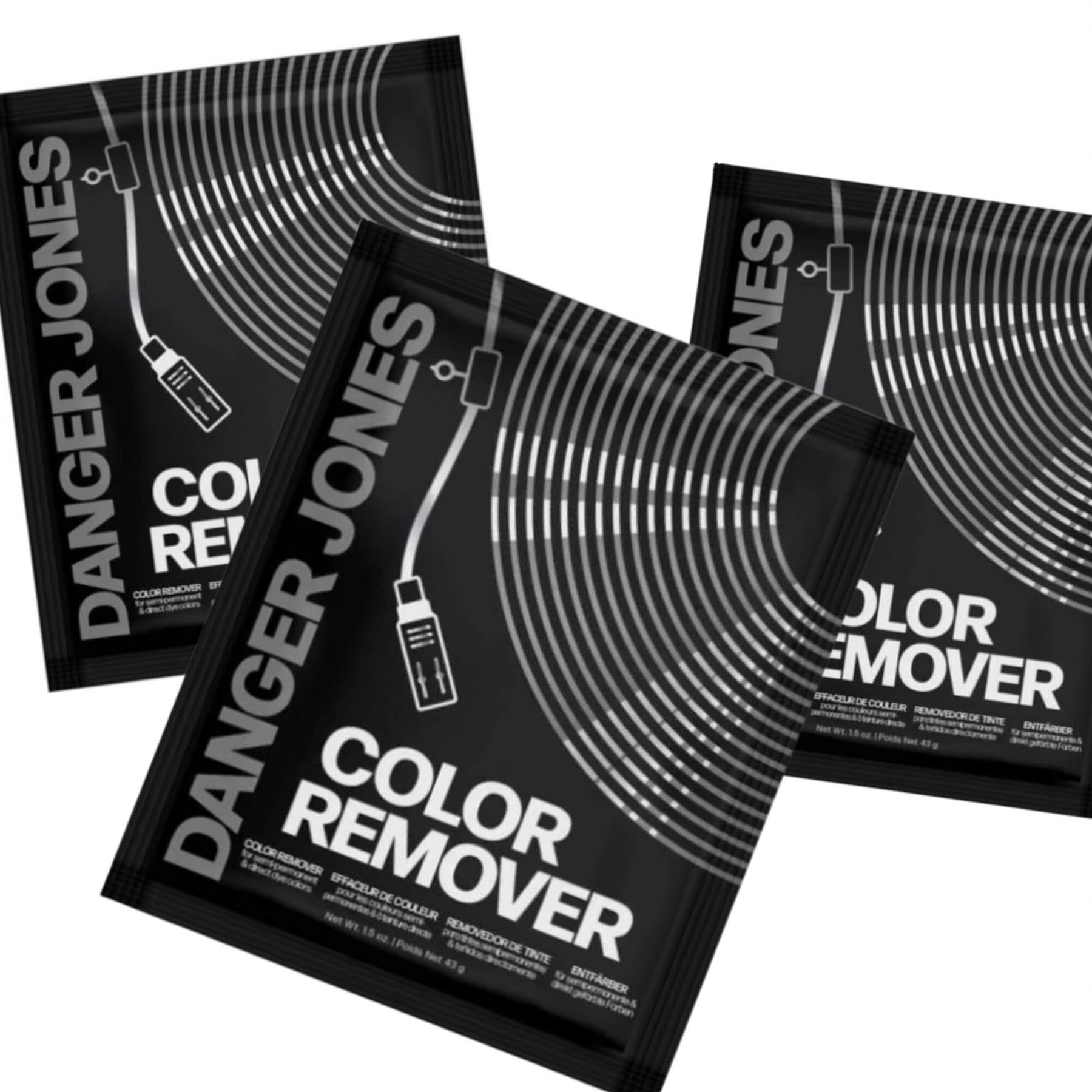 Collage of Danger Jones Color Remover 43g packets for professional removal of semi-permanent and direct dye hair colors
