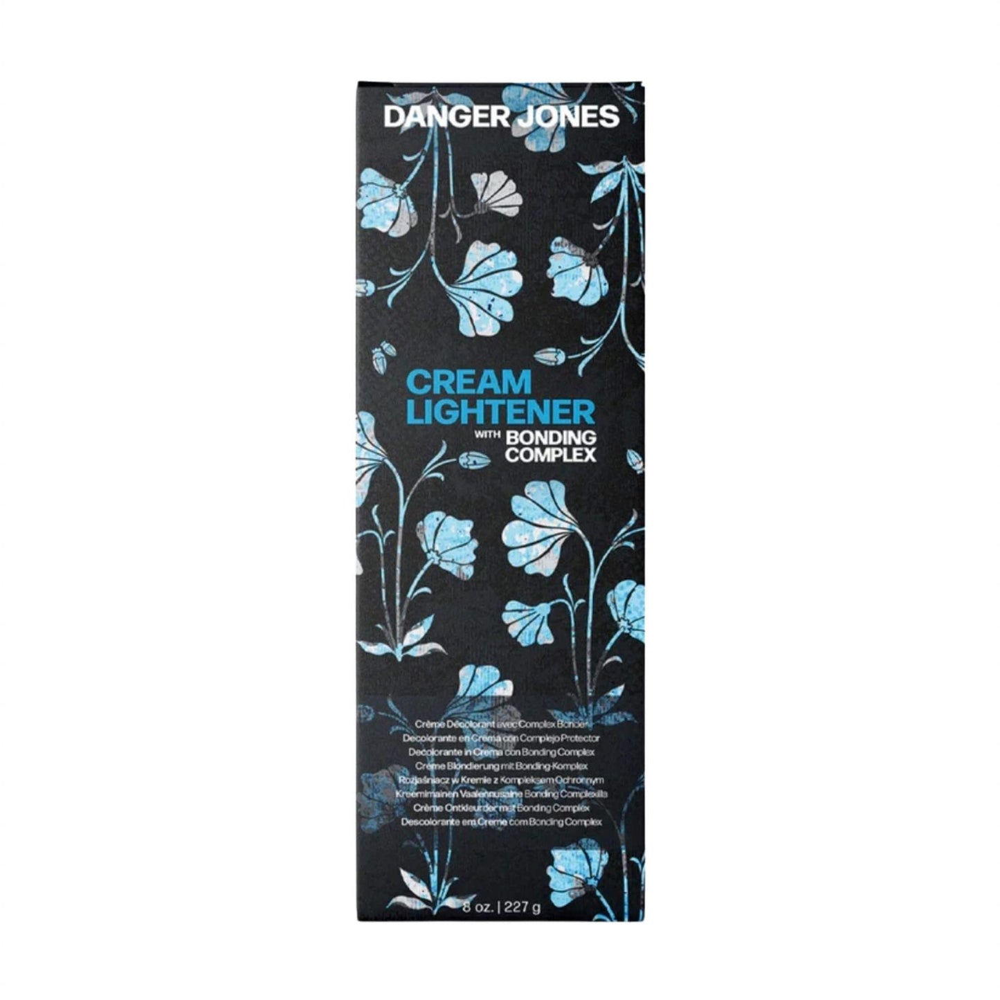Danger Jones Cream Lightener with Bonding Complex 227g retail box featuring artistic blue floral design on a black background