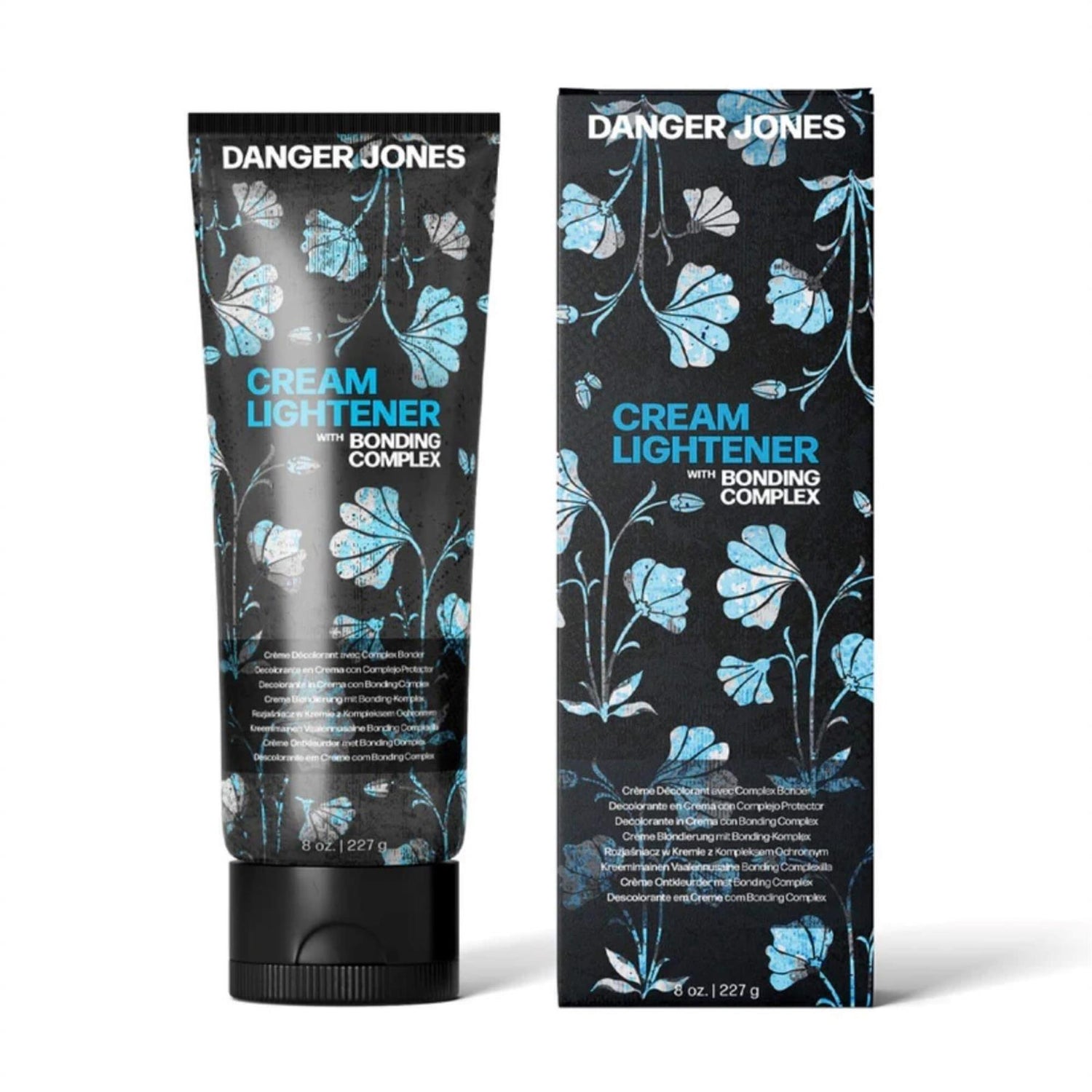 Danger Jones Cream Lightener with Bonding Complex 227g tube and box featuring blue floral art for professional hair lifting