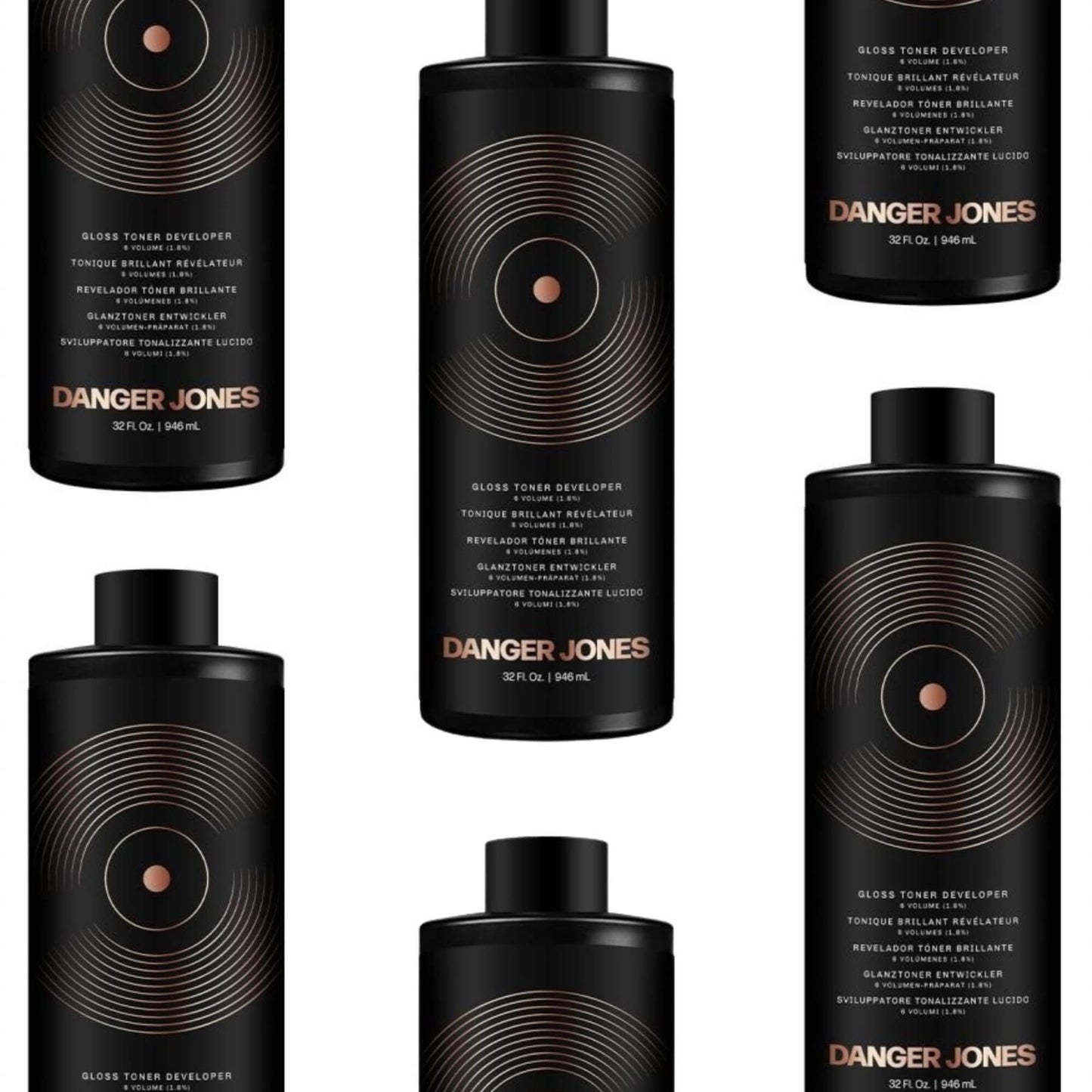 Collage of Danger Jones Gloss Toner Developer 946ml bottles featuring the professional 6 Volume 1.8 percent formula