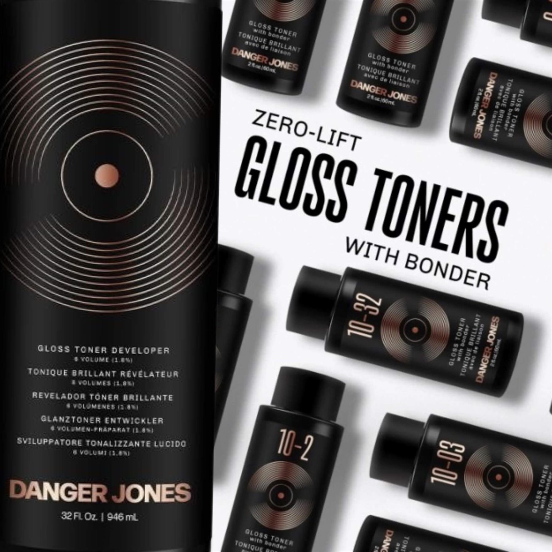 Danger Jones Gloss Toner Developer 946ml shown with a range of Zero-Lift Gloss Toners with Bonder for professional hair coloring