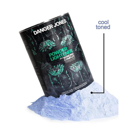 Danger Jones Powder Lightener 500g tub pouring cool-toned blue powder to highlight the 9 plus levels of lift and bonding complex