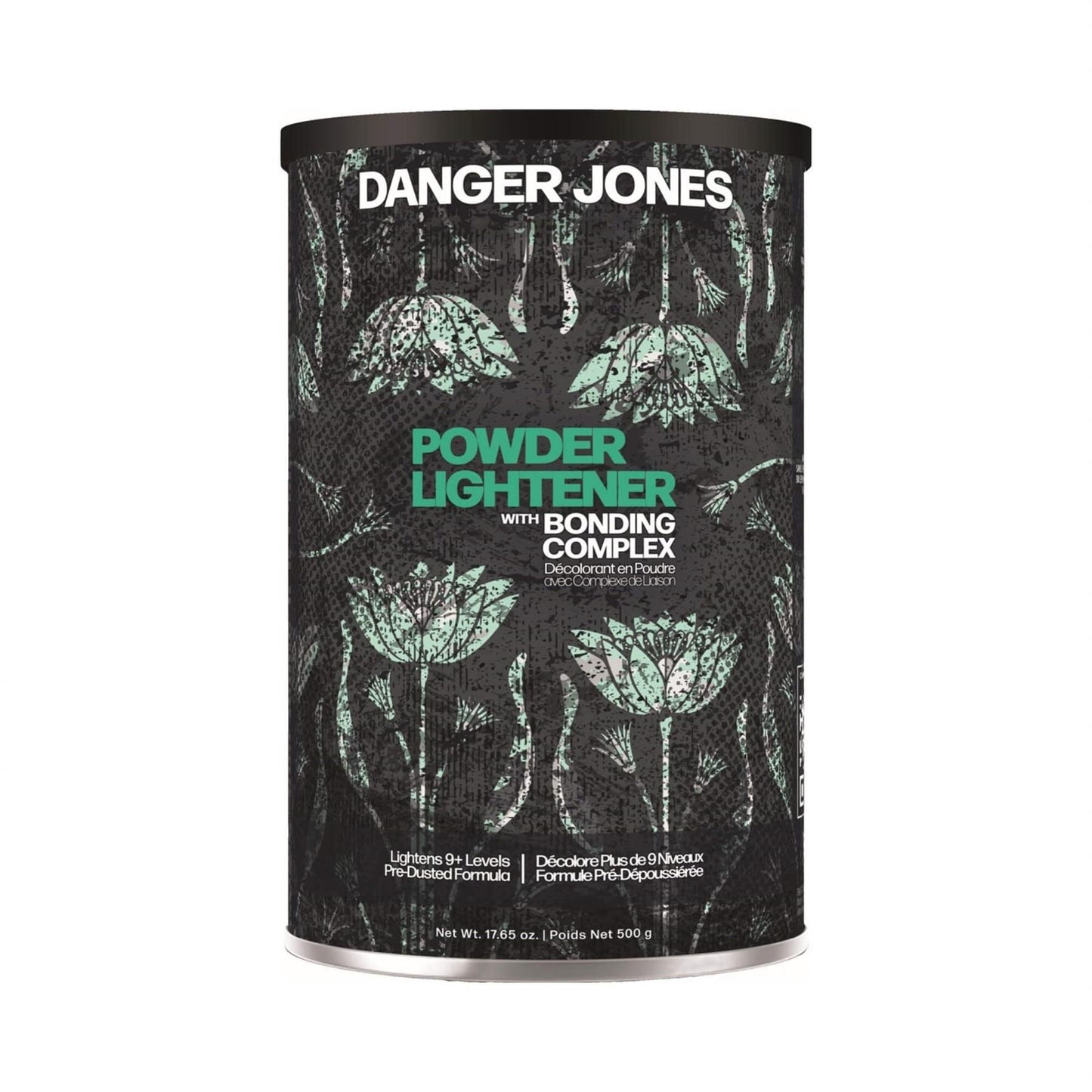 Danger Jones Powder Lightener with Bonding Complex 500g tub featuring green floral art for professional 9 plus level hair lifting