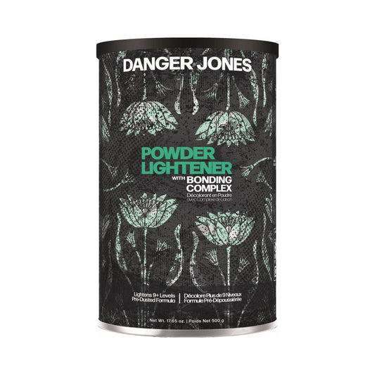 Danger Jones Powder Lightener with Bonding Complex 500g tub featuring green floral art for professional 9 plus level hair lifting