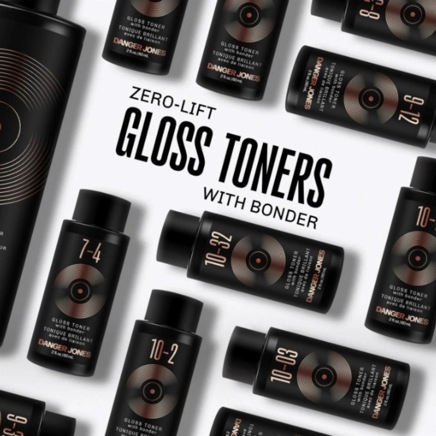 Danger Jones Zero-Lift Gloss Toners with Bonder display featuring multiple 60ml shades including 7-4, 10-2, and 10-32