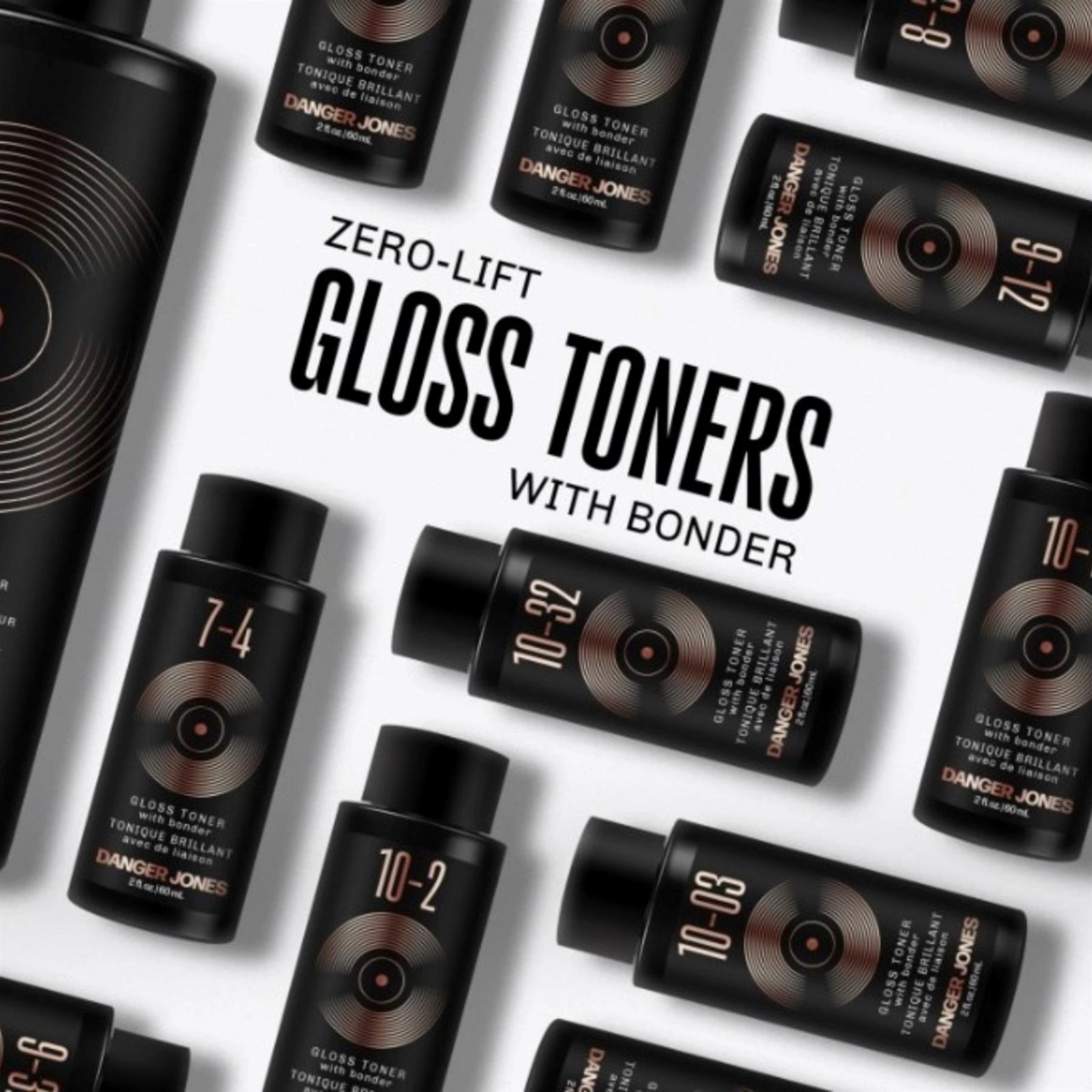 Danger Jones Zero-Lift Gloss Toners with Bonder display featuring multiple 60ml shades including 7-4, 10-2, and 10-32