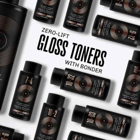 Danger Jones Zero-Lift Gloss Toners with Bonder display featuring multiple 60ml shades including 7-4, 10-2, and 10-32