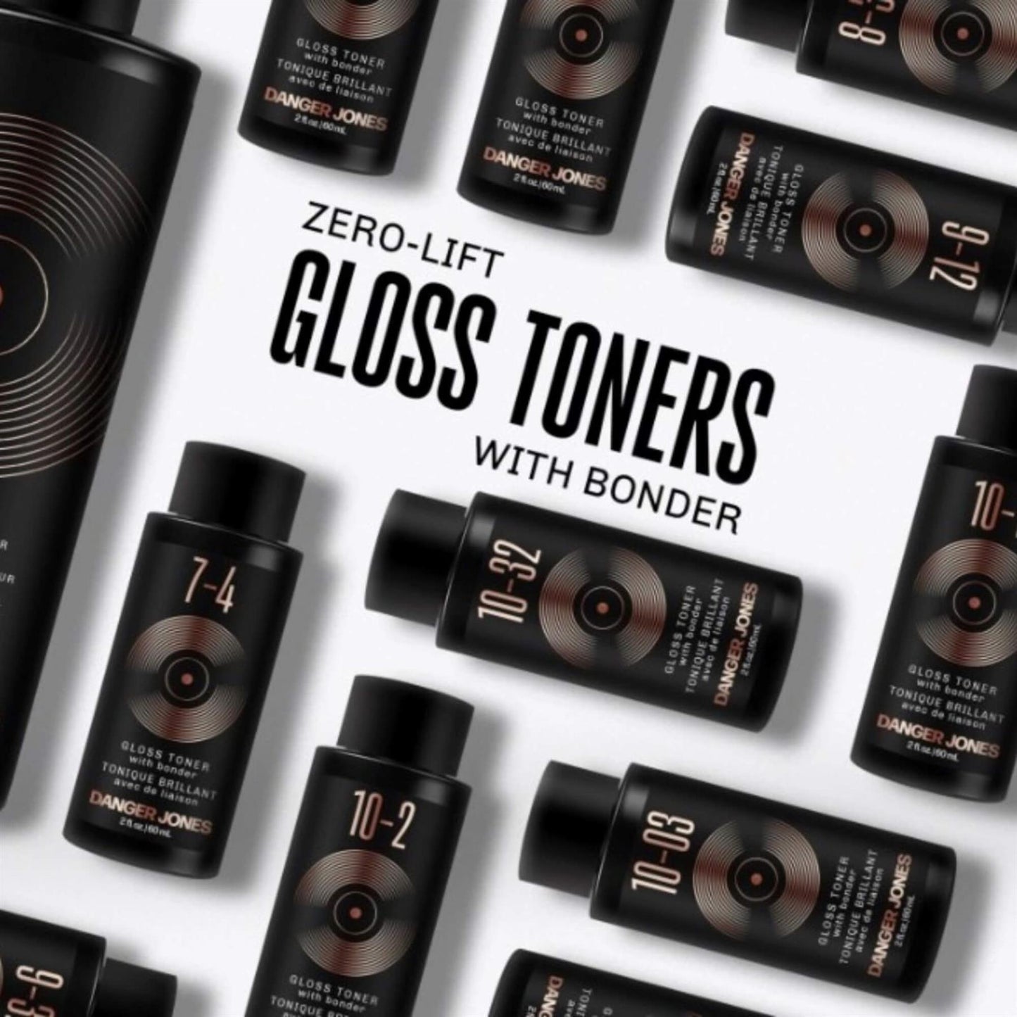 Danger Jones Zero-Lift Gloss Toners with Bonder display featuring multiple shades including 10-32, 7-4, and 10-03