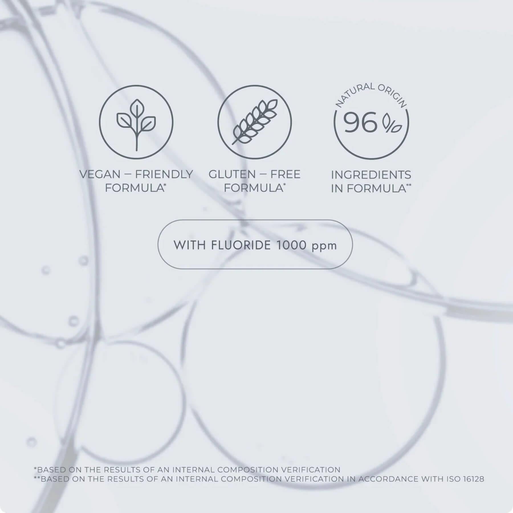 A light gray and white informational graphic with three circular icons and text reading 'Vegan - Friendly Formula', 'Gluten - Free Formula', and 'Natural Origin 96% Ingredients in Formula', plus a central label saying 'With Fluoride 1000 ppm'.