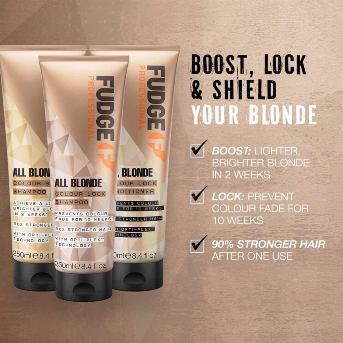 Informational graphic for Fudge Professional All Blonde hair care range showing the Colour Boost Shampoo and Colour Lock Conditioner benefits including 90 percent stronger hair after one use
