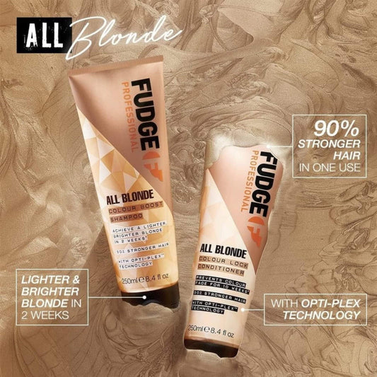 Informational graphic for Fudge Professional All Blonde Colour Lock Shampoo and Conditioner showing 90 percent stronger hair in one use and 10 weeks of color protection