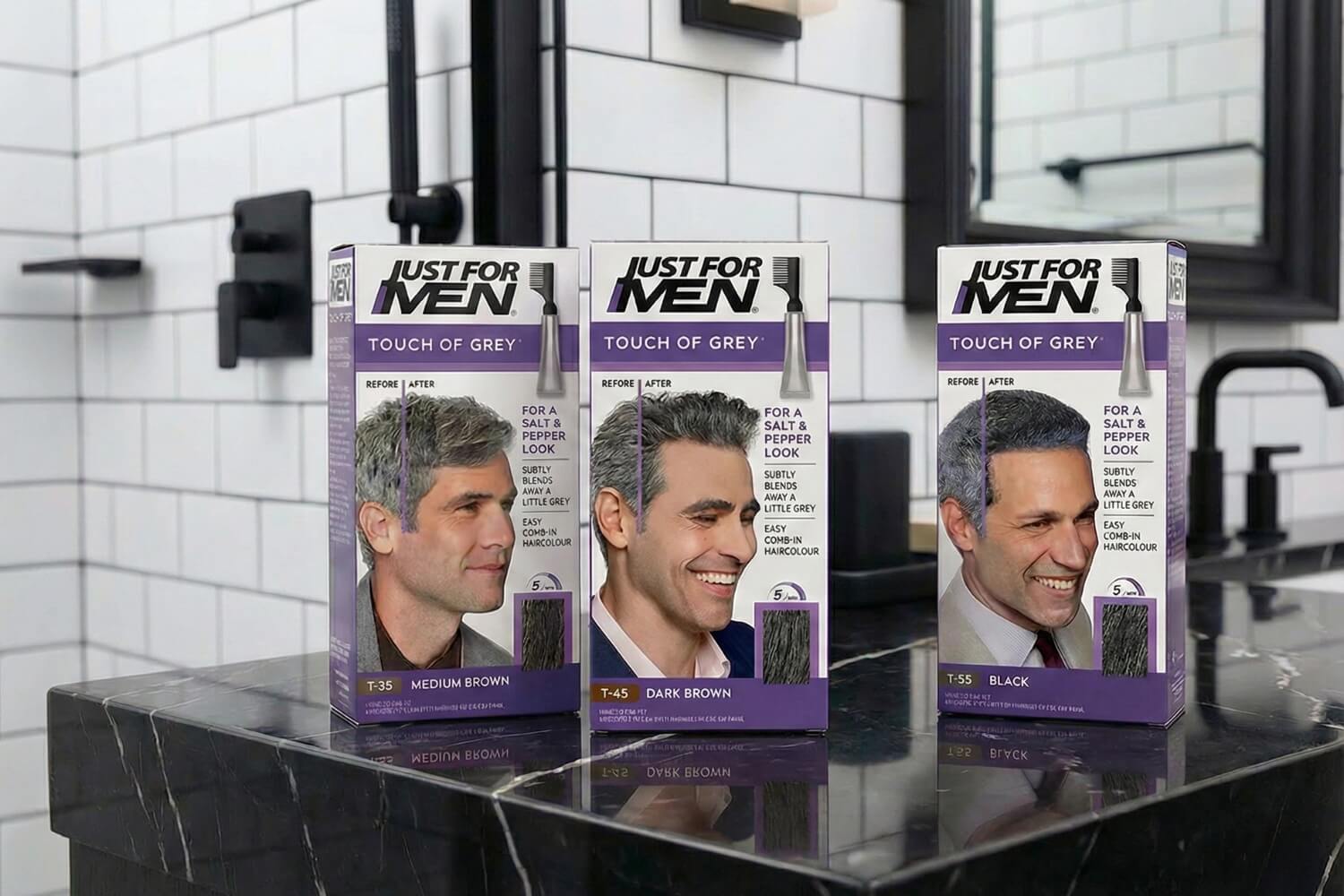 Just For Men Touch of Grey hair colour range in Medium Brown, Dark Brown, and Black for a salt and pepper look