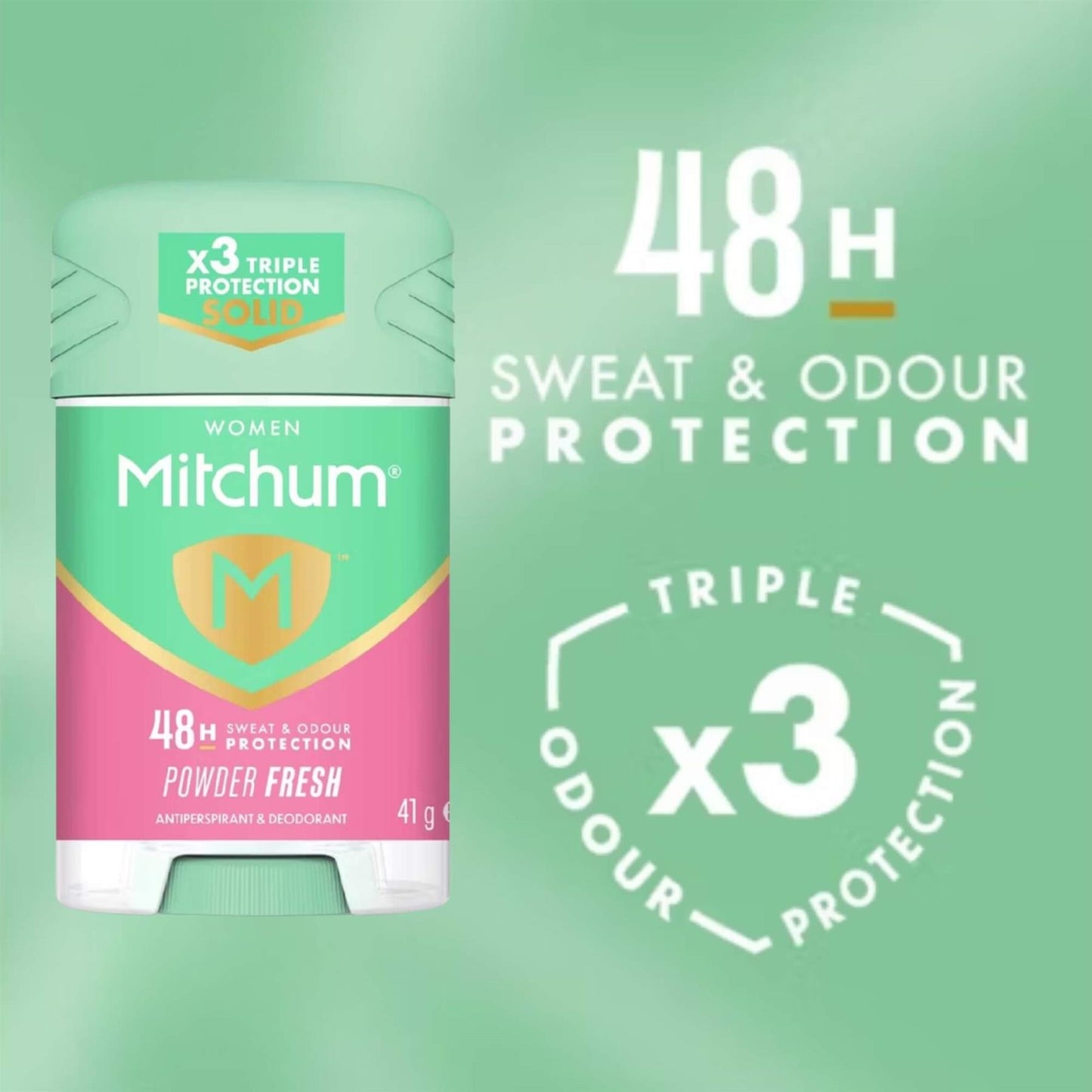 Mitchum Women Powder Fresh 48H Triple Odour Protection antiperspirant solid stick banner