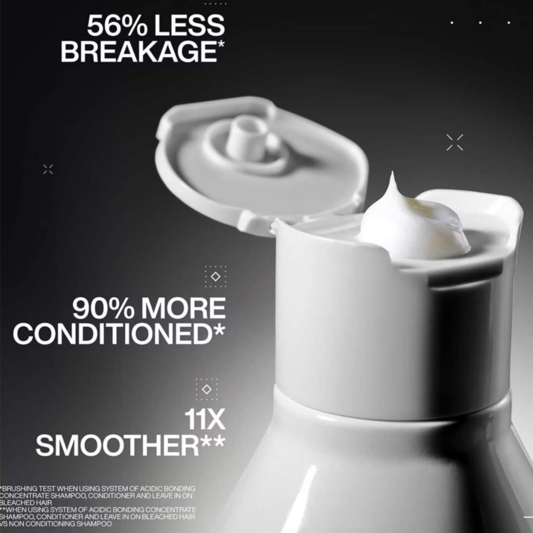 Redken Acidic Bonding Concentrate clinical results infographic claiming 56% less breakage 90% more conditioned and 11x smoother hair