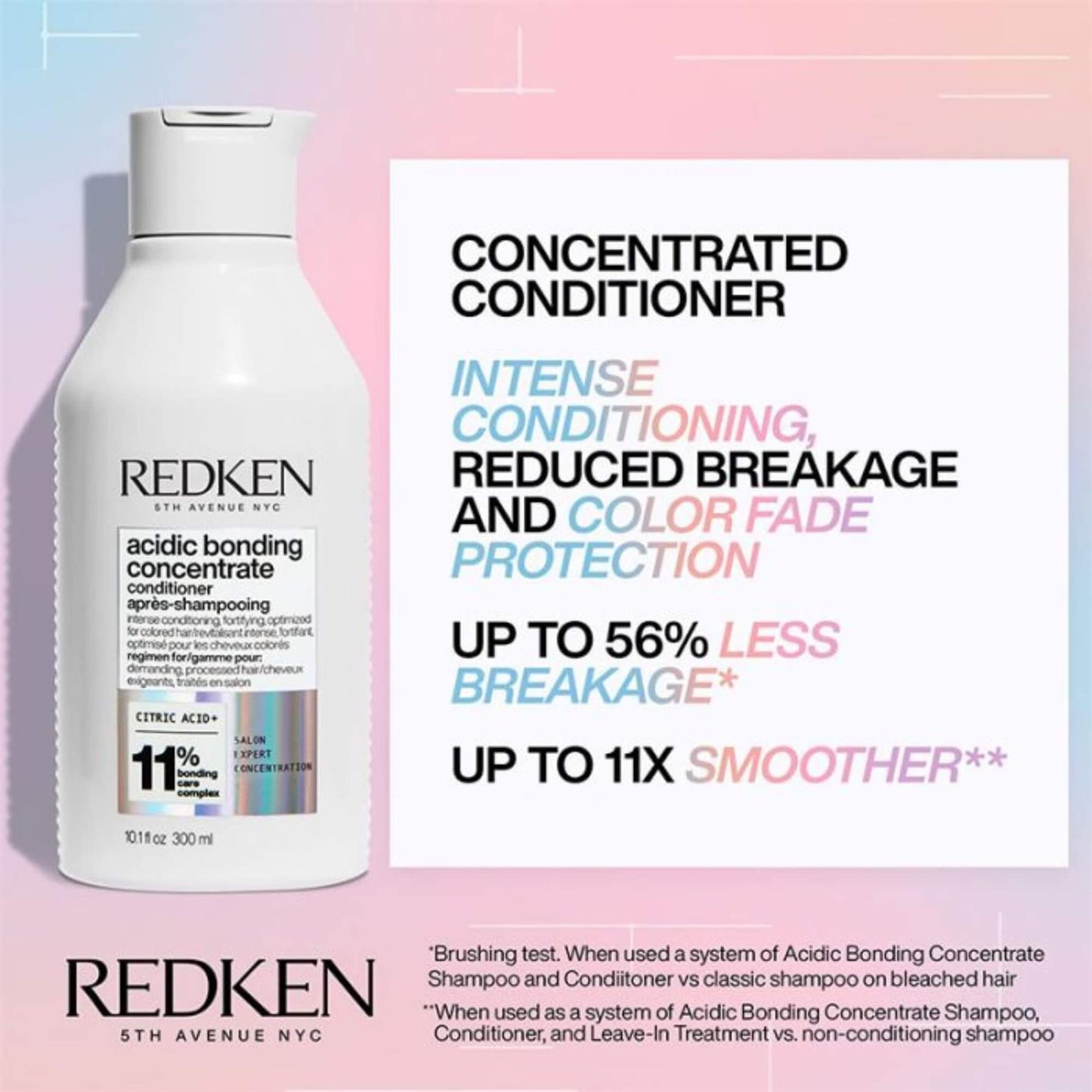Informational graphic for Redken Acidic Bonding Concentrate Conditioner 300ml detailing color fade protection and up to 56 percent less breakage