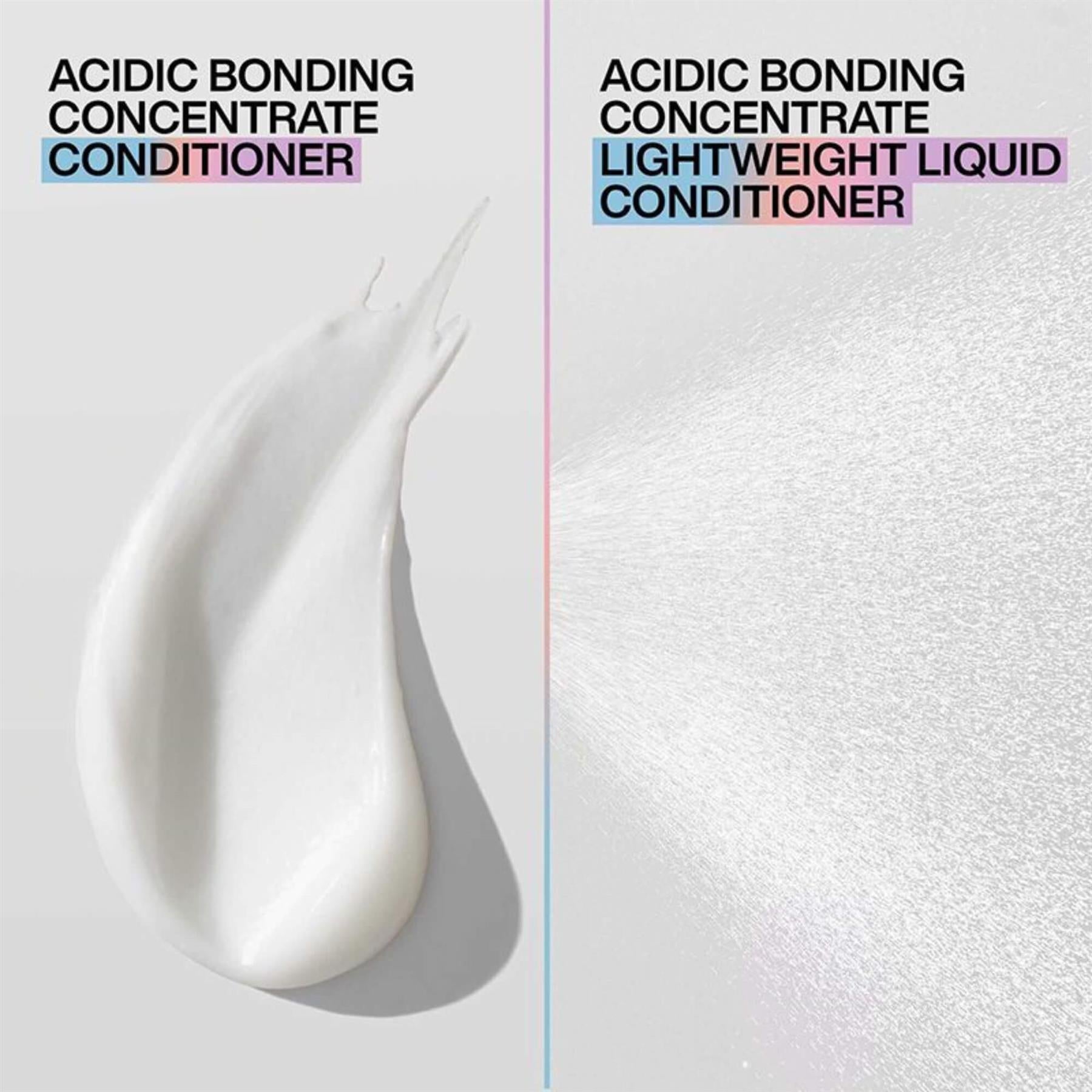 Comparison graphic of Redken Acidic Bonding Concentrate Conditioner cream texture versus the Lightweight Liquid Conditioner fine mist spray