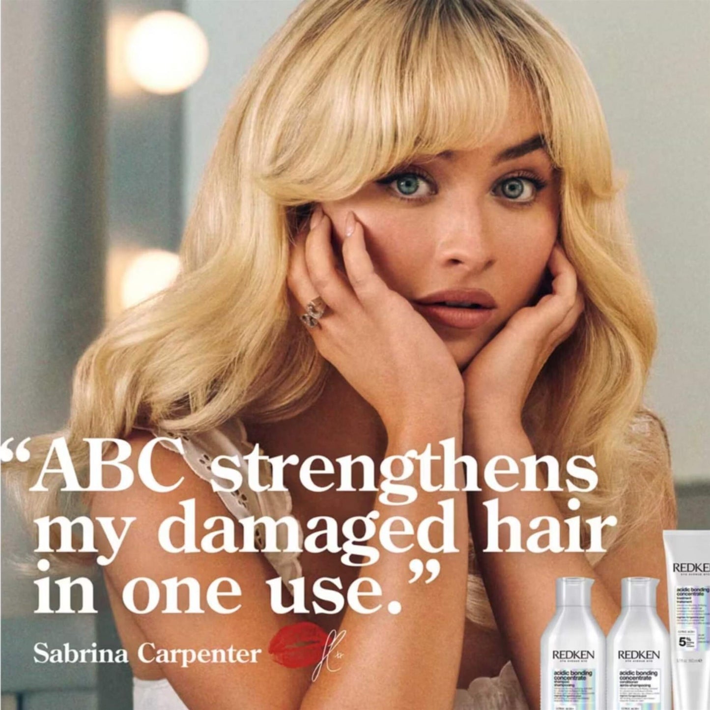 Redken Acidic Bonding Concentrate ambassador Sabrina Carpenter campaign image with quote ABC strengthens my damaged hair in one use