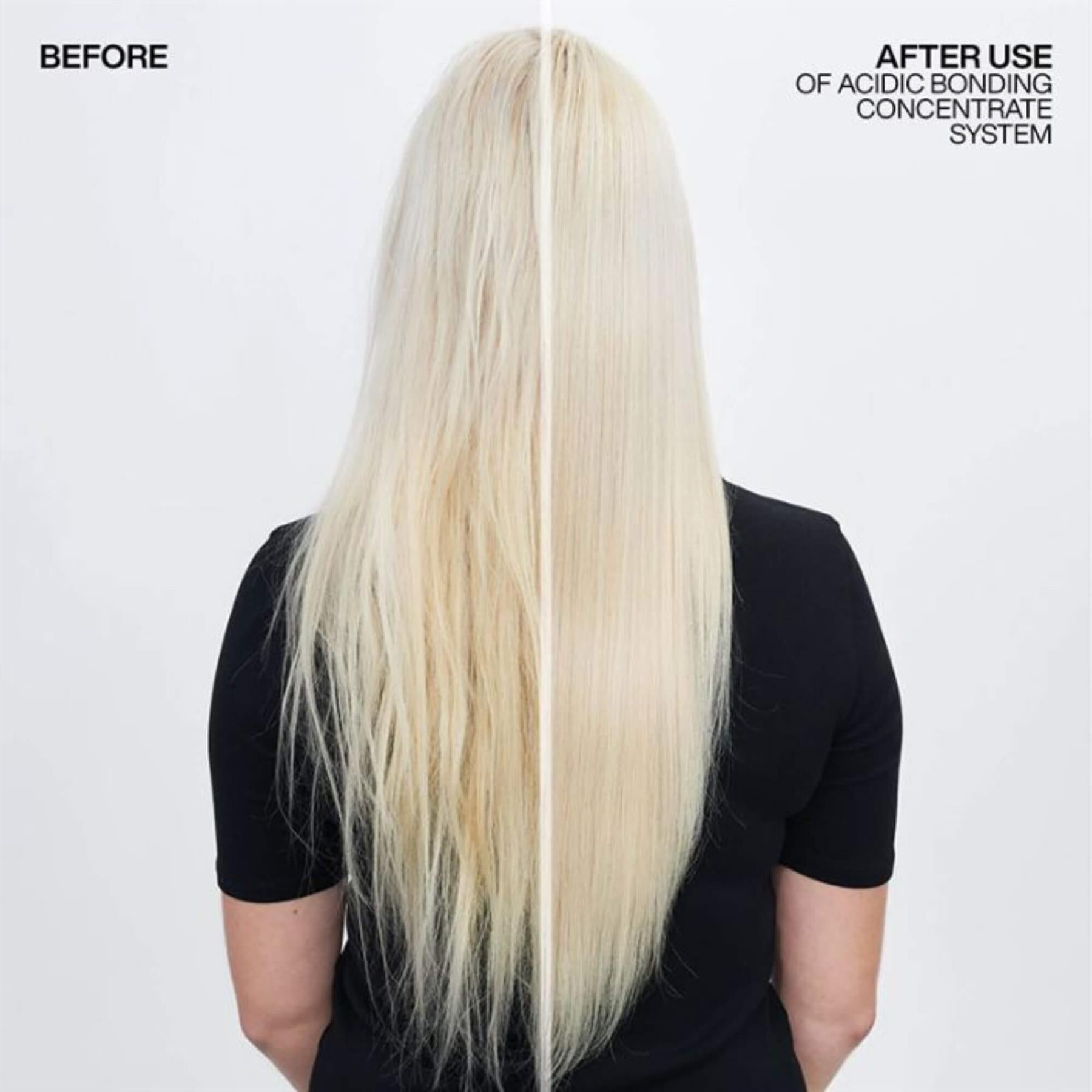 Before and after use comparison of Redken Acidic Bonding Concentrate System on long blonde damaged hair