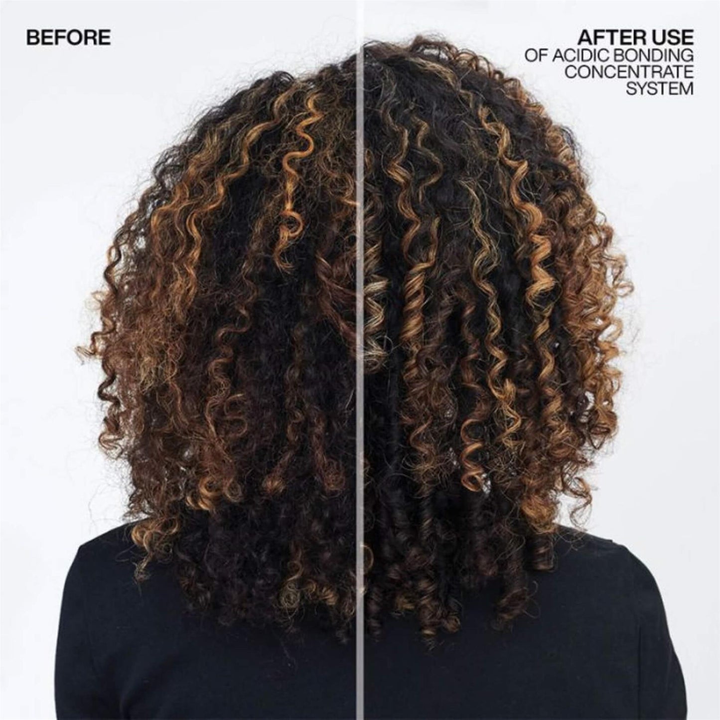 Before and after use comparison of Redken Acidic Bonding Concentrate System on curly hair showing defined and frizz-free results
