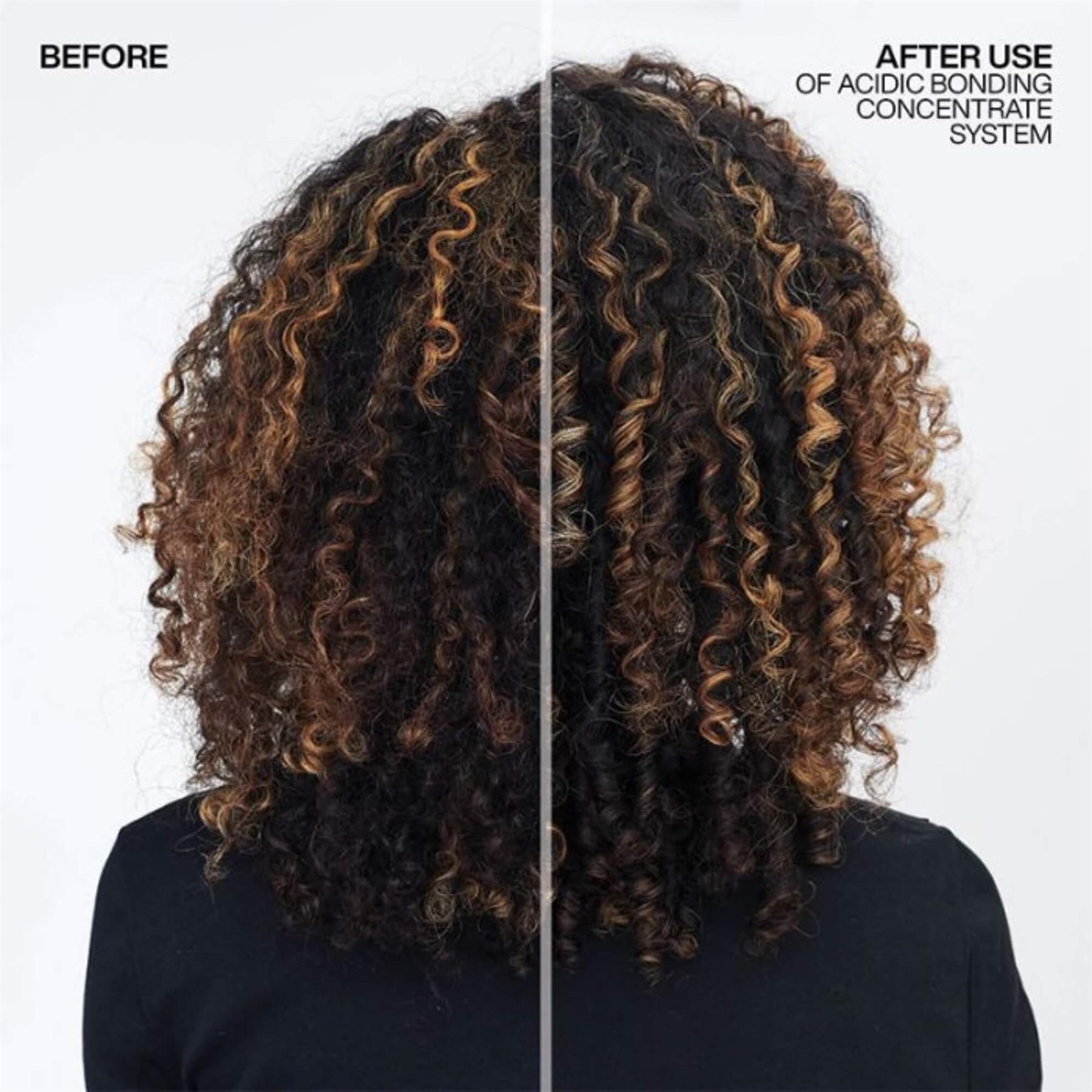 Before and after use comparison of Redken Acidic Bonding Concentrate System on curly hair showing defined and frizz-free results