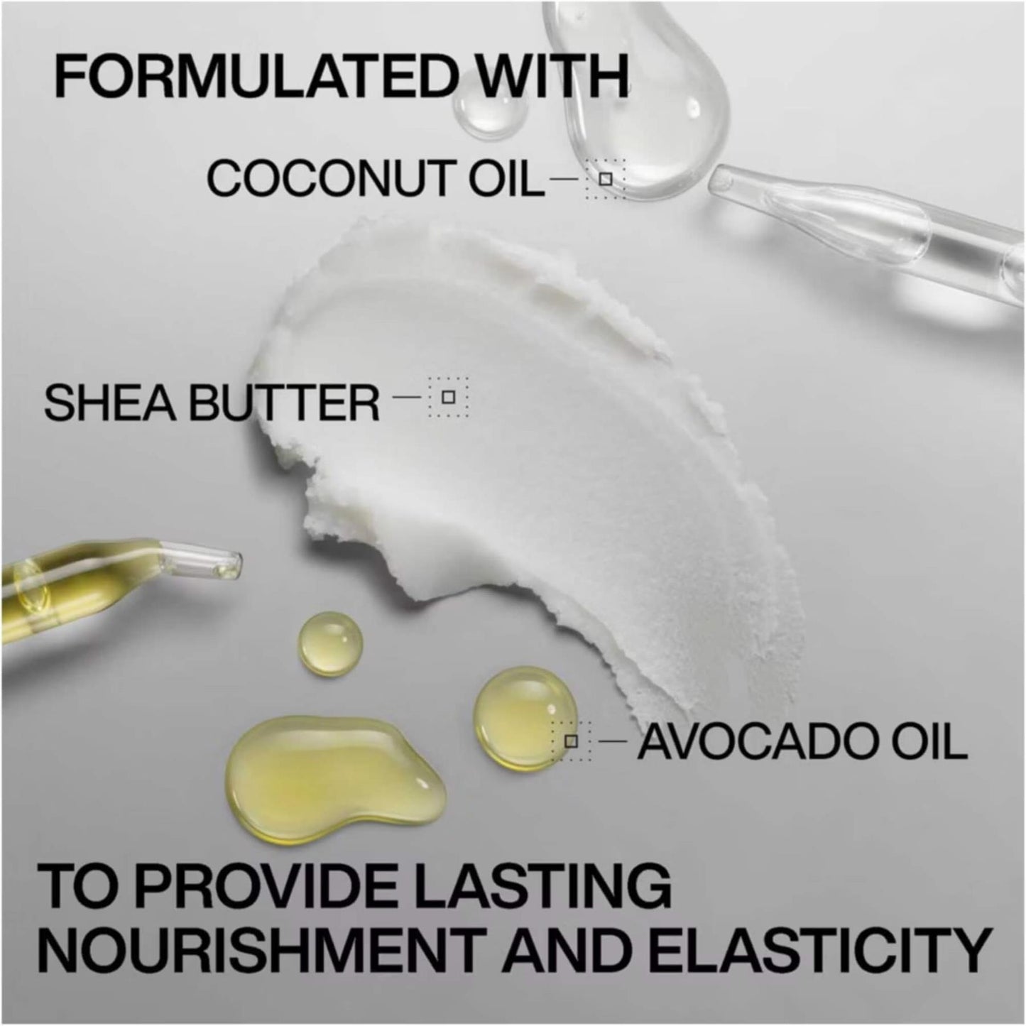 Redken Acidic Bonding Curls ingredient infographic featuring coconut oil shea butter and avocado oil for elasticity