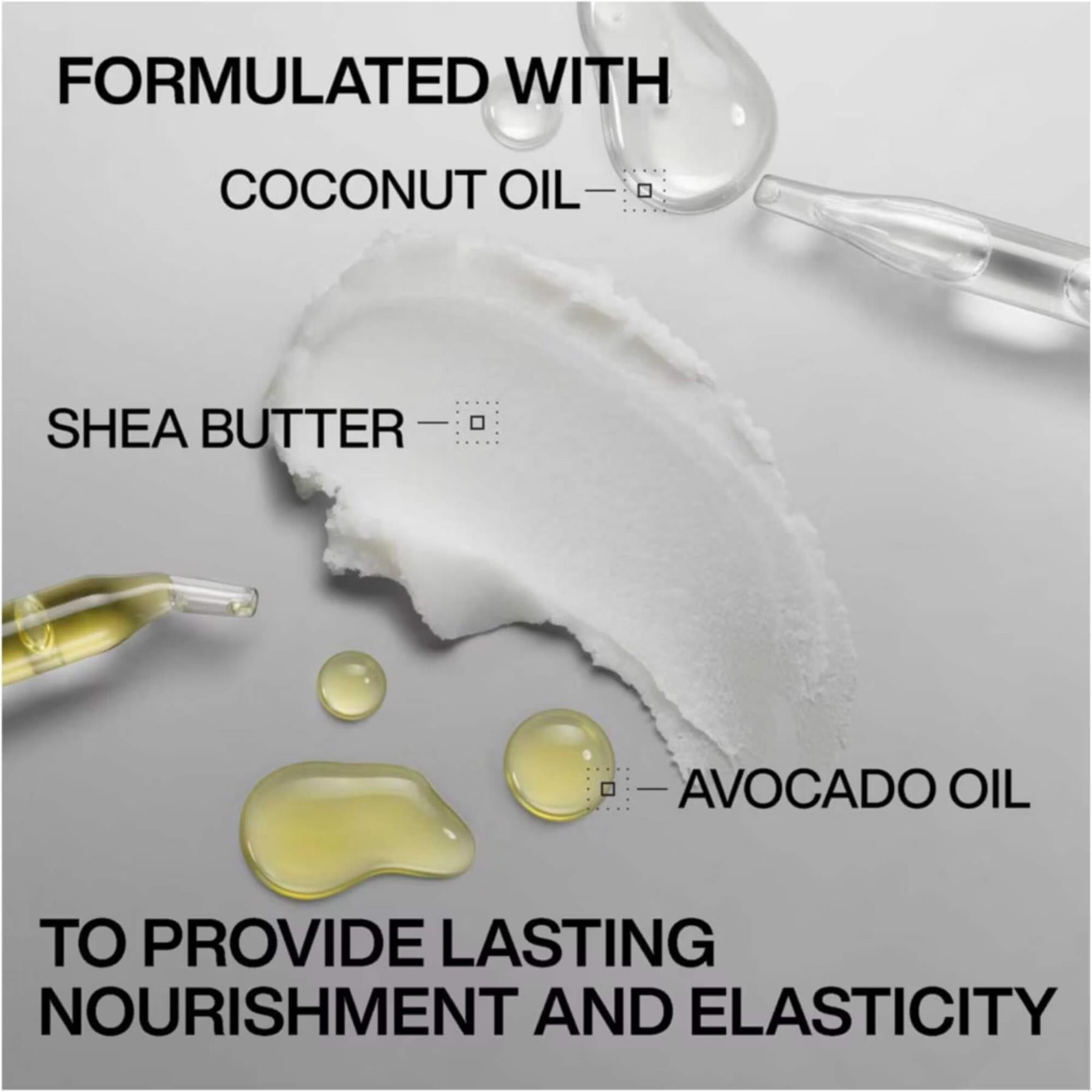 Redken Acidic Bonding Curls ingredient infographic featuring coconut oil shea butter and avocado oil for elasticity