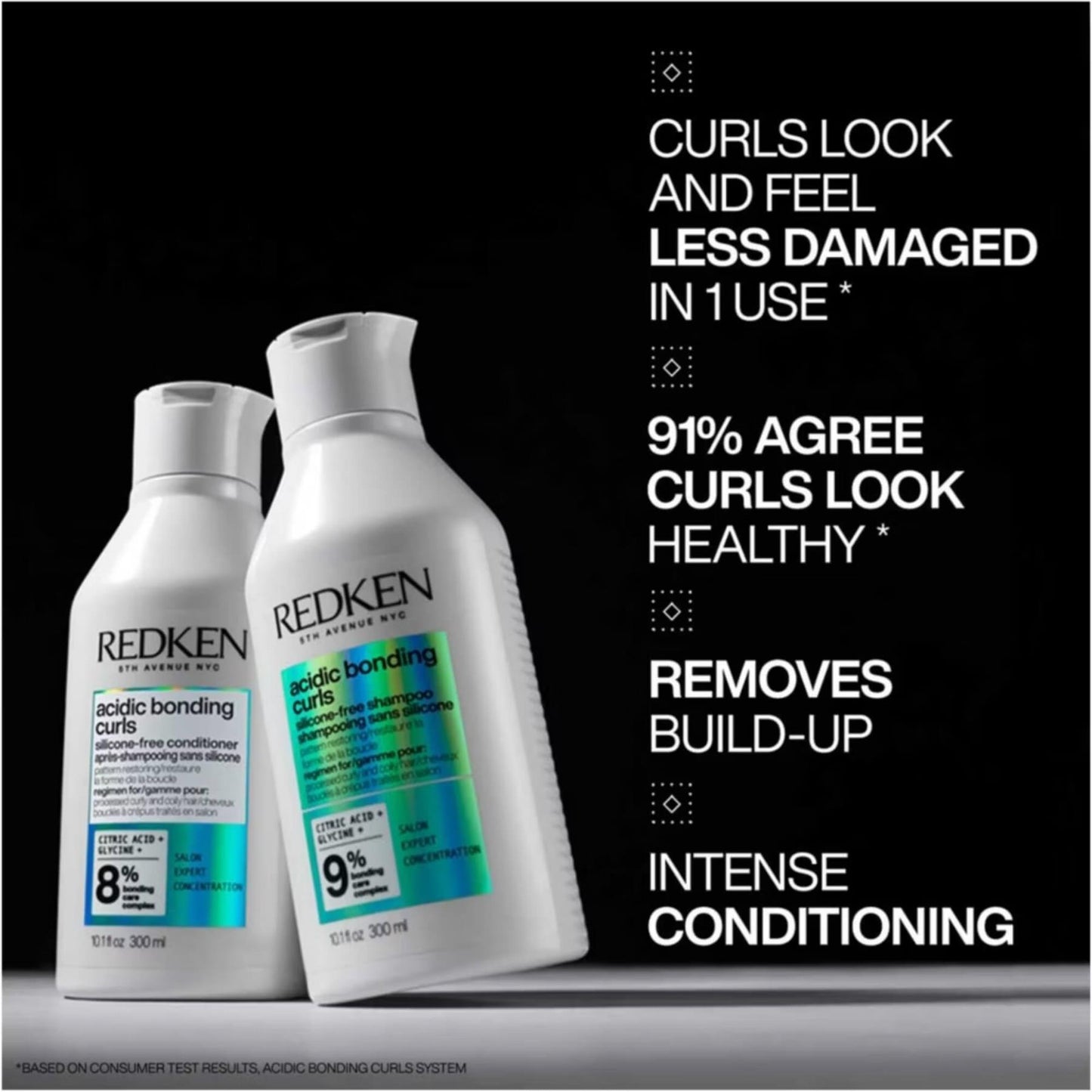 Redken Acidic Bonding Curls silicone-free shampoo and conditioner duo with glycine and citric acid for pattern restoring