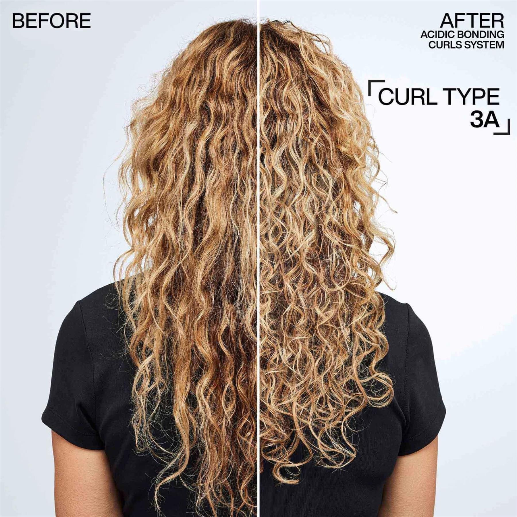 Redken Acidic Bonding Curls System before and after result on blonde Type 3A hair showing defined ringlets and frizz control