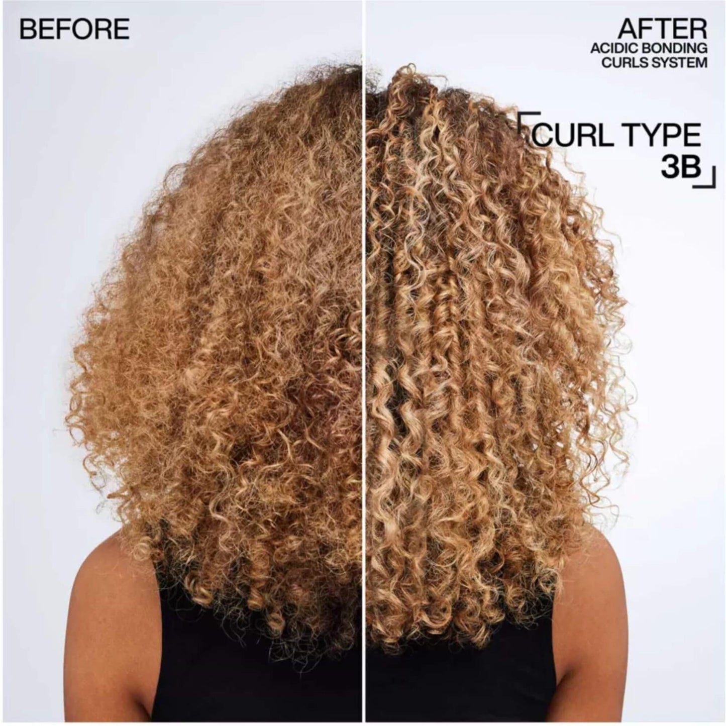 Redken Acidic Bonding Curls System before and after result on Type 3B hair showing defined corkscrew curls and volume