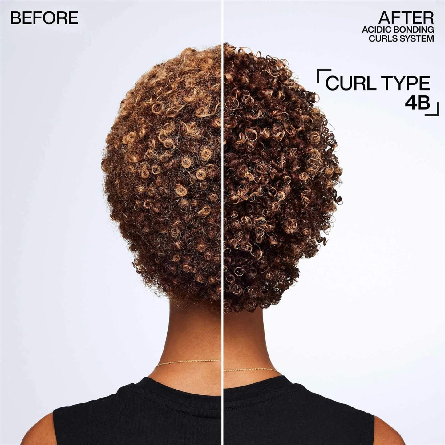 Redken Acidic Bonding Curls System before and after result on Type 4B hair showing defined coils and reduced frizz