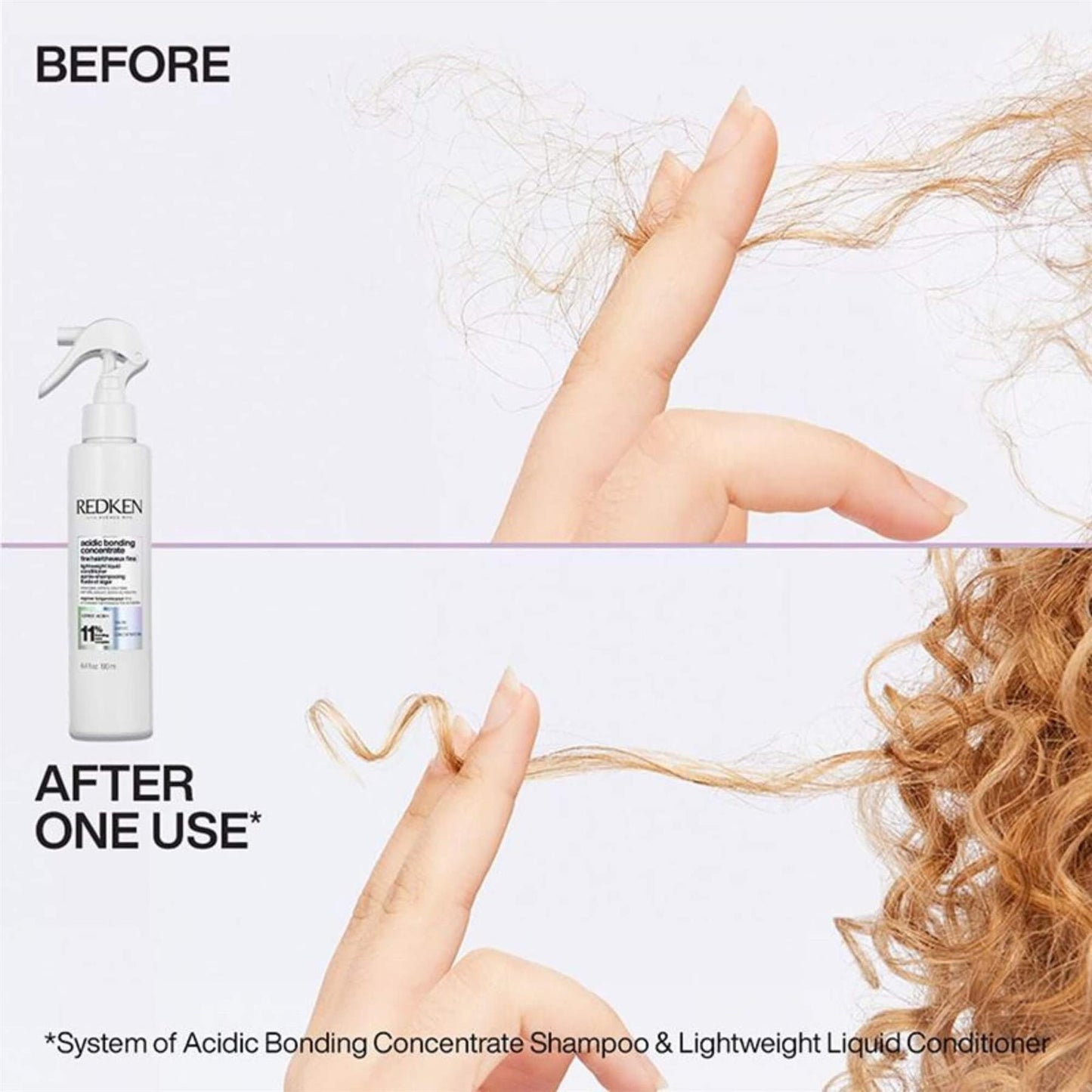 Before and after comparison showing the impact of Redken Acidic Bonding Concentrate Lightweight Liquid Conditioner on fine, damaged hair