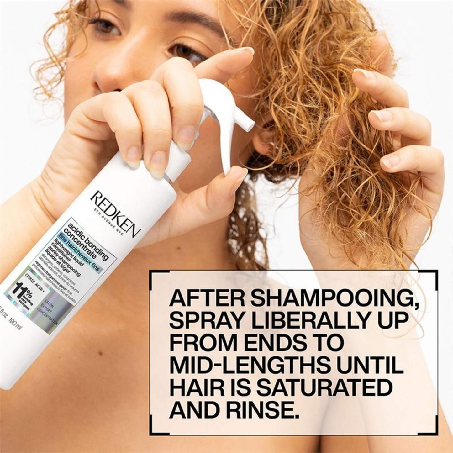 Step-by-step application of Redken Acidic Bonding Concentrate Lightweight Liquid Conditioner on fine curly hair