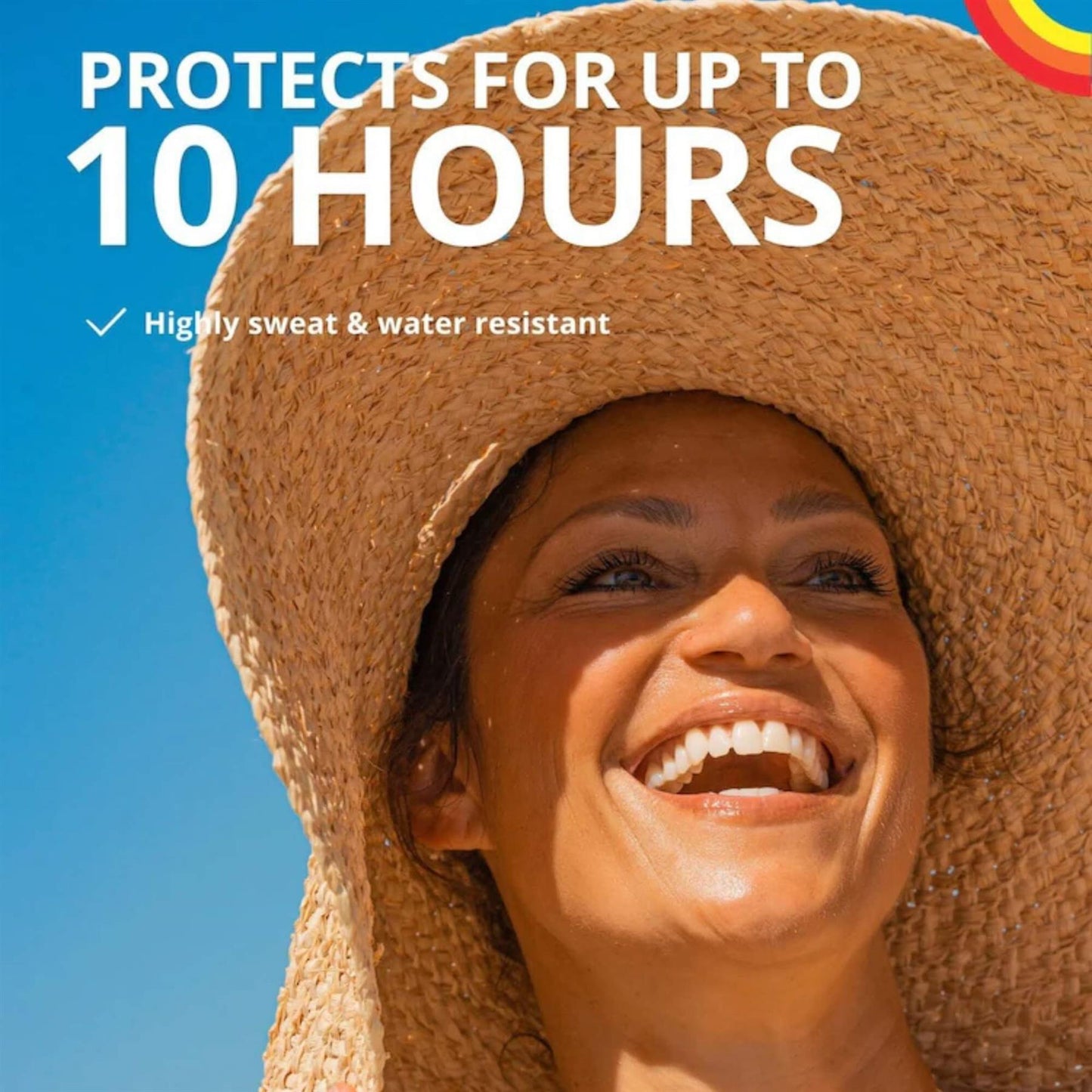 Riemann P20 Sensitive Skin SPF 30 lifestyle image of a smiling woman in a sun hat highlighting 10-hour protection and water resistance