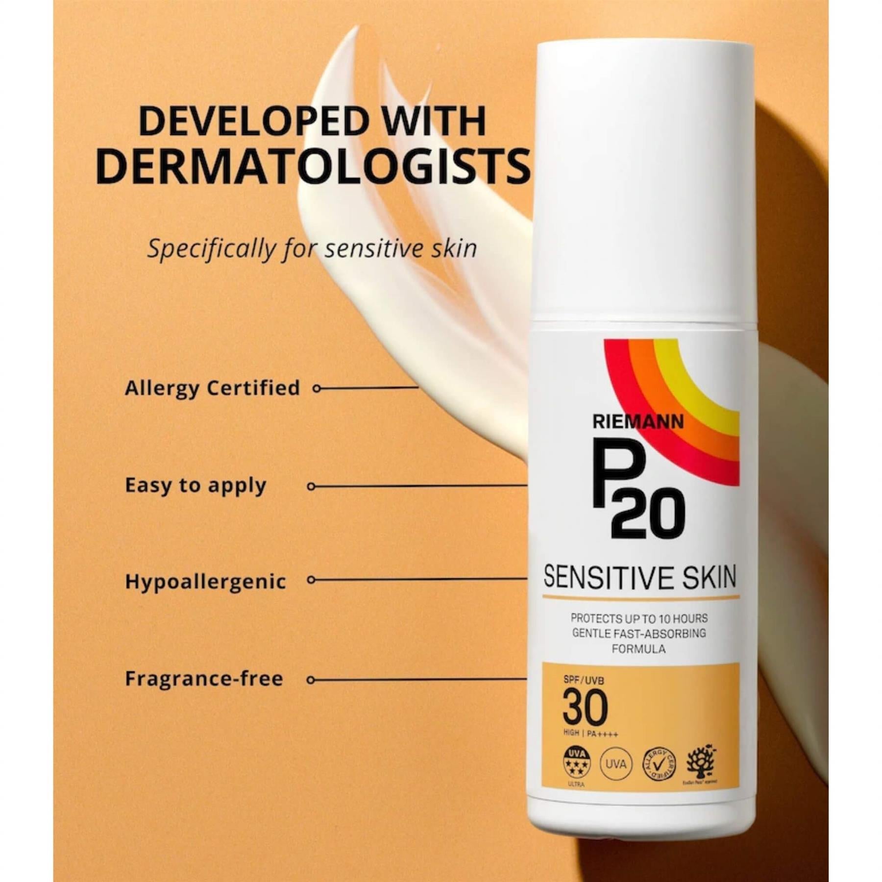 Riemann P20 Sensitive Skin SPF 30 Sun Cream 100ml pump bottle showing Allergy Certified, Hypoallergenic, and Fragrance-free features